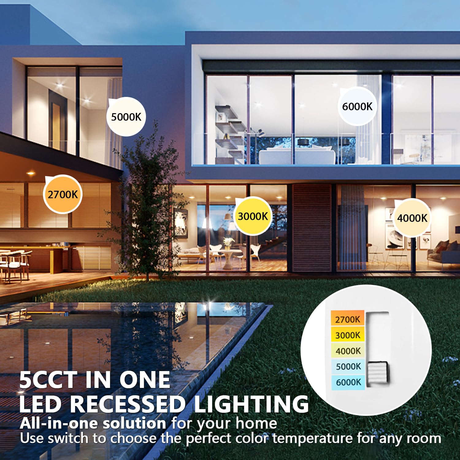 Lvwit Led Recessed Light 6Inch, Can Lighting Color Selectable 2700/3000/4000/5000/6000K 5Cct, 10W(120W Equivalent) Dimmable Downlight With E26 Conversion Kit, Retro Fit Ceiling Light Fixtures, 12 Pack