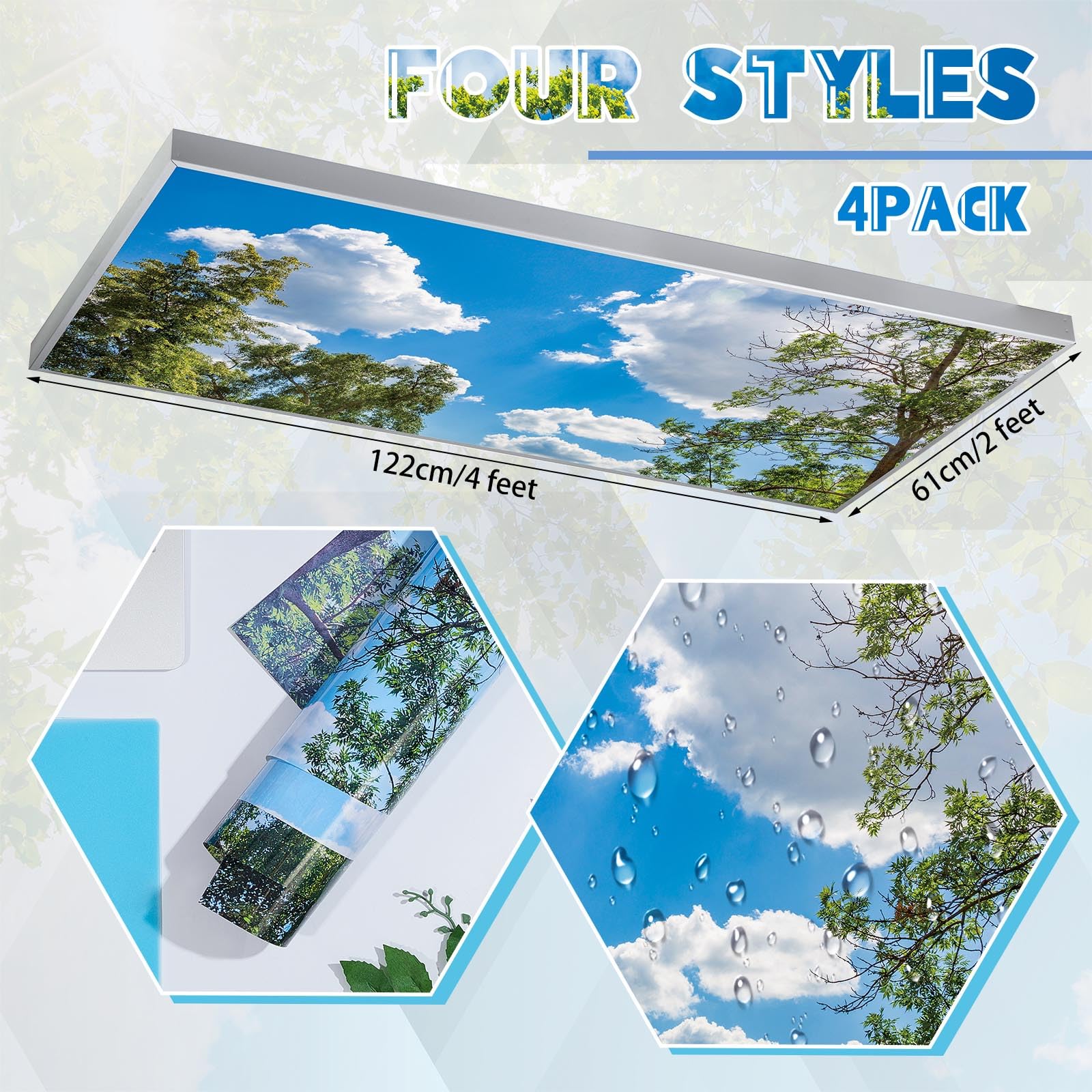 Amylove Fluorescent Light Covers Ceiling Light Filters 4 Pcs Charming Color Blue Sky Leaves