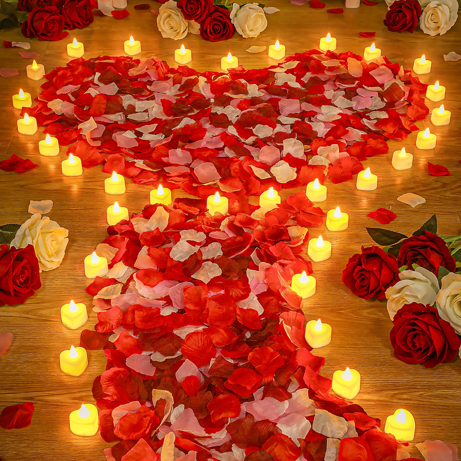 VIHOSE 4000 Pcs Artificial Rose Petals with 24 Pcs LED Tea Lights Candles Flameless LED Candles Compatible Rose Petals for Wedding Birthday Party(Yellow Light  Bright Color Petal)