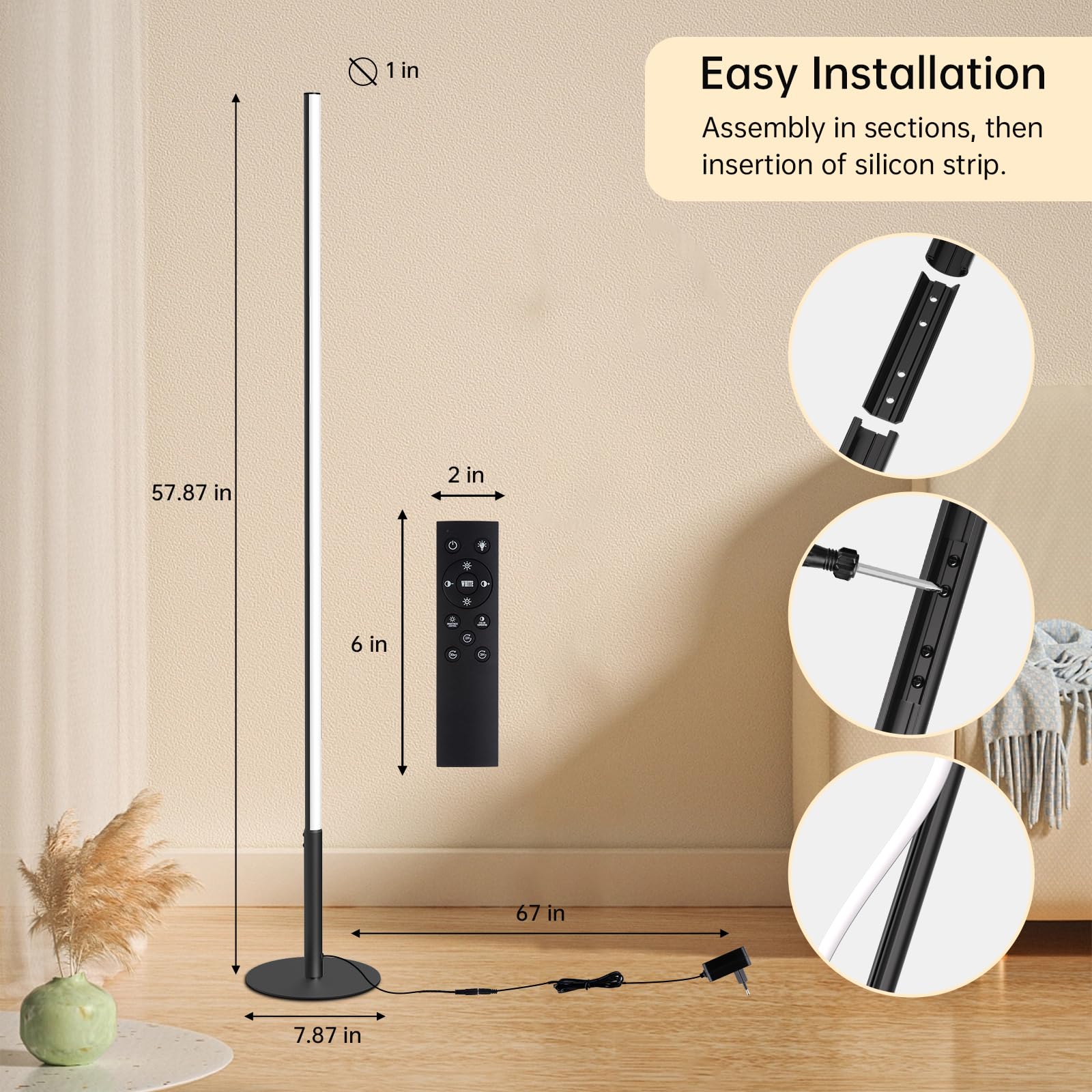 Marlrin 57.8" Minimalist Corner Floor Lamp - Dimmable LED, Remote Control, Black, Aluminum, Model RTL111, Modern Design for Living Room/Bedroom