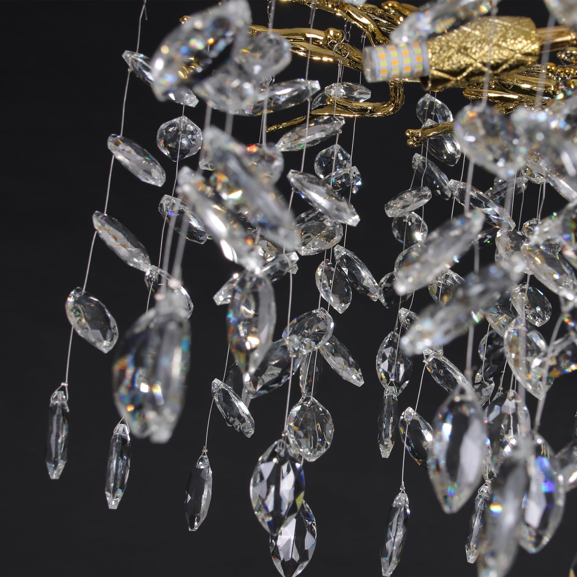 Puvaue Crystal Tree Branches Chandeliers Round Gold Raindrop Pendant Light Fixture 15 Lights For Dining Room Bedroom Living Room