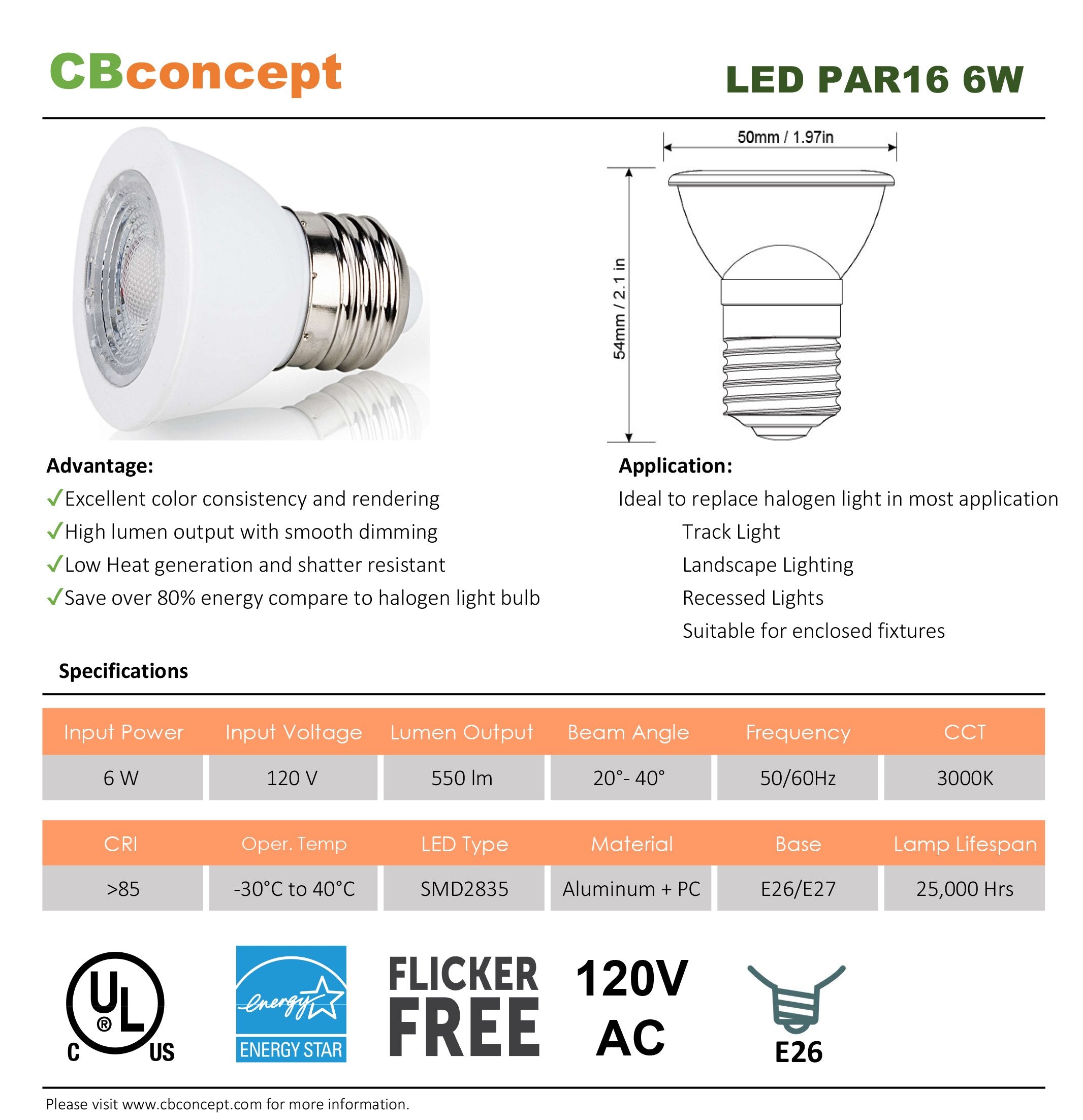 CBconcept PAR16 LED Bulb 6W (50W Equivalent) 550 Lumen, Warm White 3000K, 2 Pack, Medium Base (E26), UL Listed