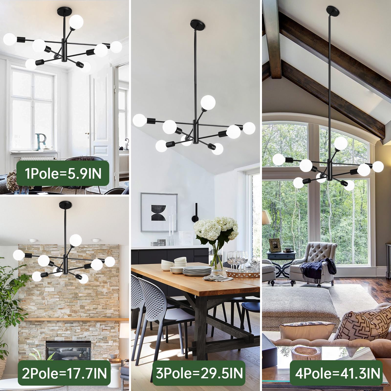 Ruiyey Modern Sputnik Chandeliers Light, 8-Light Black Chandeliers For Dining Room, Height Adjustable Ceiling Lights Farmhouse C