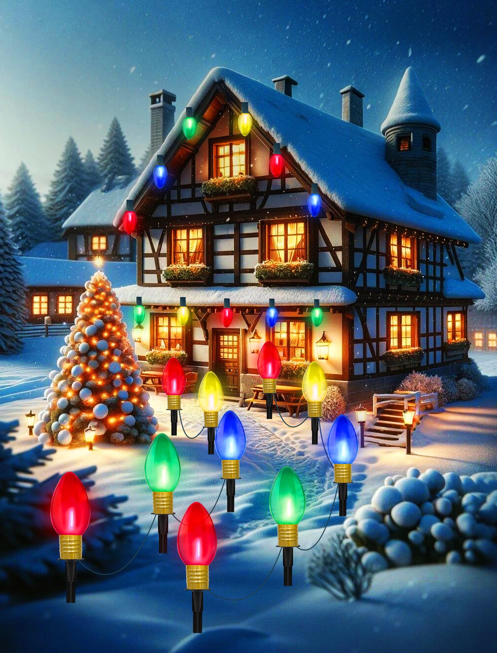 Cbebew C9 Outdoor Christmas Pathway Lights, Set of 4, Clear Multicolored Jumbo LED, 7Ft Connectable, Plastic, Holiday Yard Decor