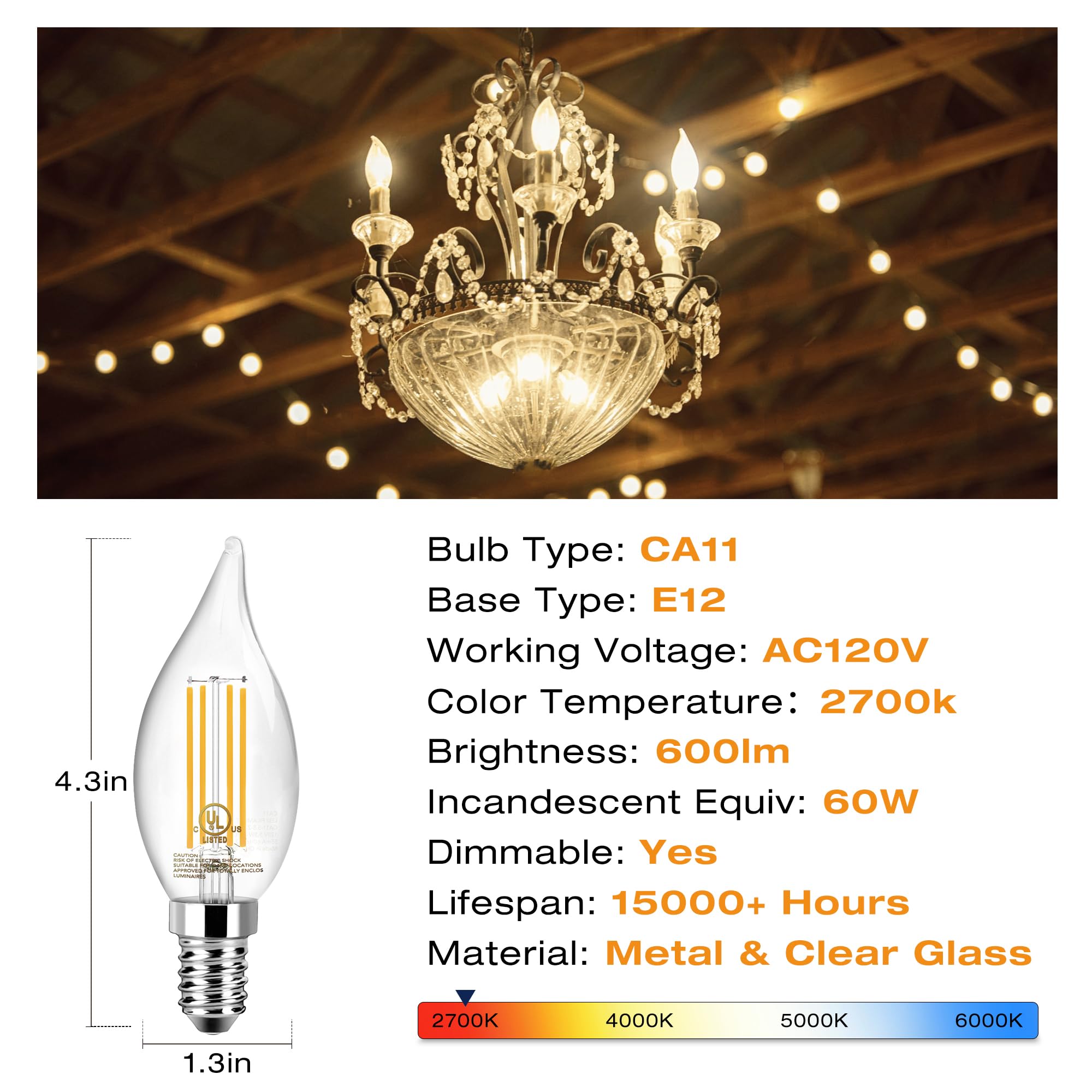 Tjoy Led Candelabra Bulb Dimmable, 60W Equivalent Led Chandelier Light Bulbs, 5.5W 2700K Warm White 600Lm Ca11 Flame Tip Vintage Filament Candle Light With Decorative E12 Candelabra Base, 24 Pack