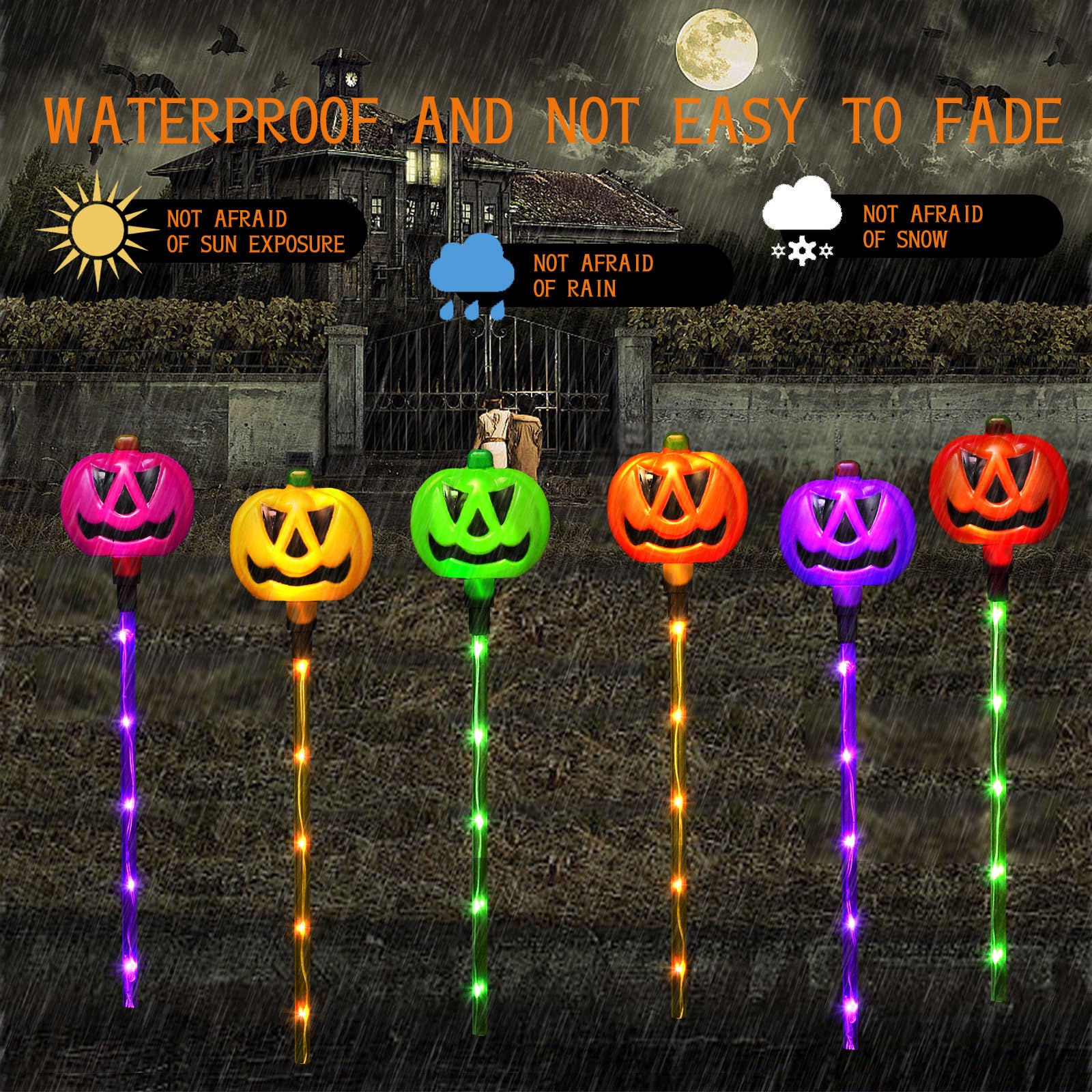 Fathisooc Set Of 6 Solar Pumpkin Pathway Lights For Halloween Decorations Outdoor, Color Changing Outdoor Halloween Lights, Light Up Jack O Lantern Pumpkins For Halloween Party Porch Yard Decorations
