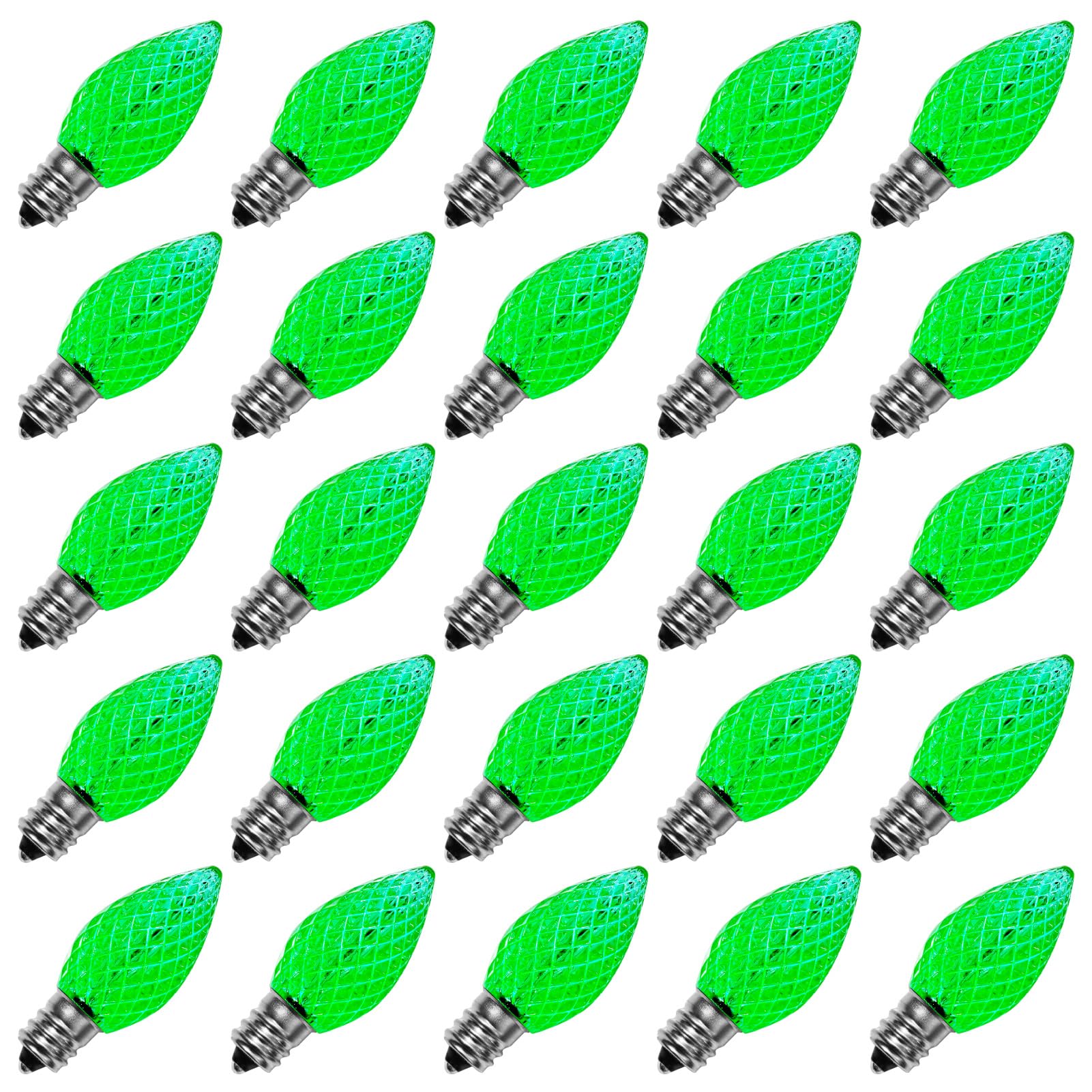 Meconard C7 LED Christmas Light Bulbs, Shatterproof, E12 Base, Green, 25 Pack, Commercial Grade