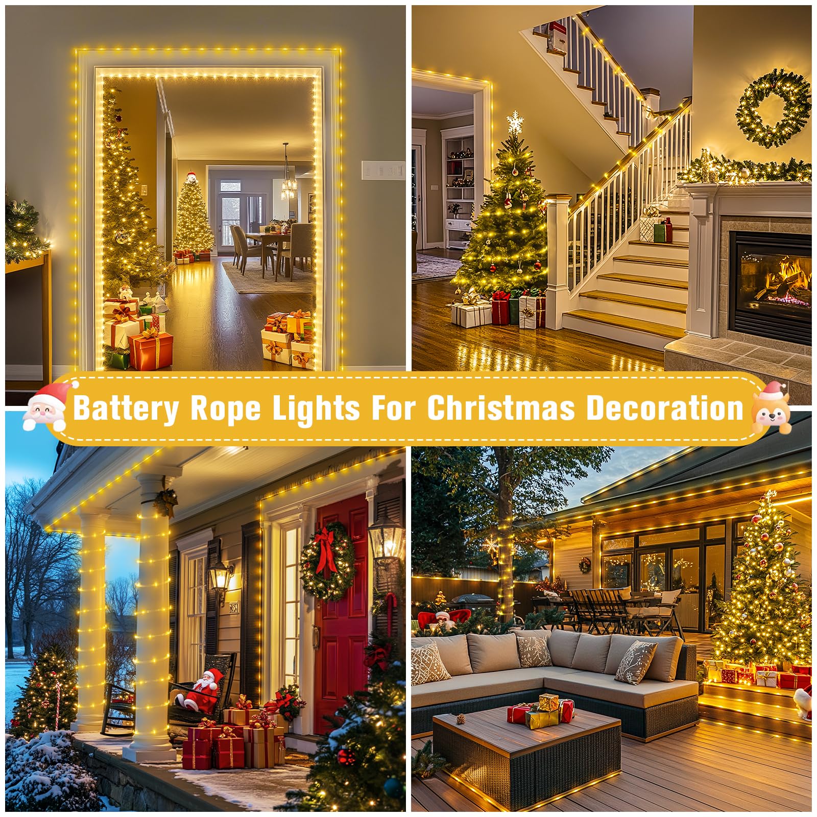 JMEXSUSS 100 LED Rope Lights, 33ft Battery Operated, Waterproof, 8 Modes, Warm White, Model Rope100B, 1 Pack