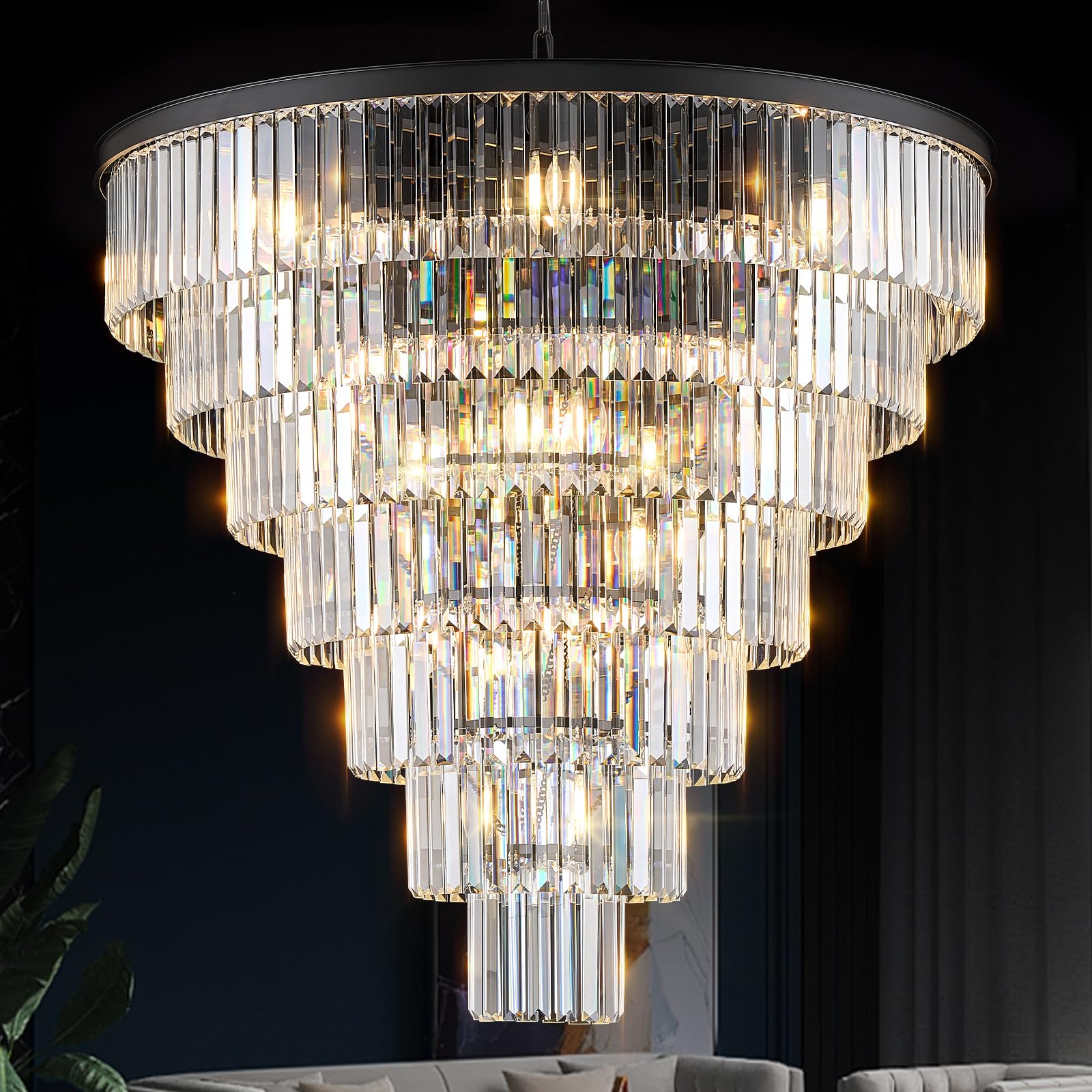 MERINEA Large Black Crystal Chandelier 36 Round Chandeliers for Staircase Modern 22 Lights 7-Tier Elegant K9 Crystal Ceiling Pendant Lighting Fixture for High Ceiling Living Room Foyer