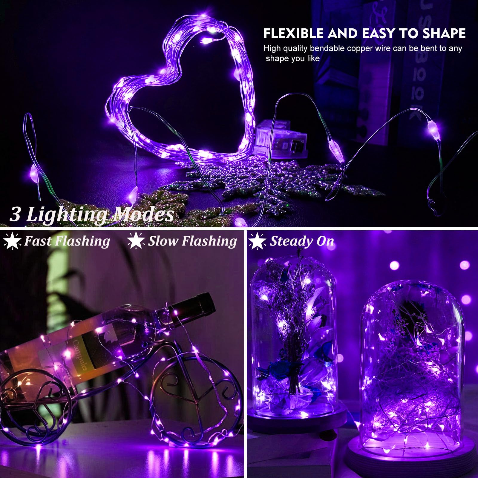 Aikei 100 Pack Led Fairy Lights Battery Operated  Fairy String Lights 3 Modes Waterproof 7 Feet 20 Led Firefly Starry Lighting For Wedding Party Bedroom Garden Christmas Decoration Purple