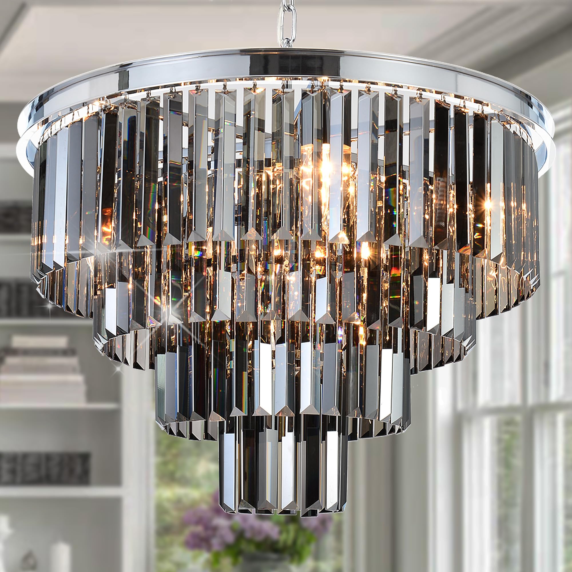 Meelighting Luxury Chrome Smoke Crystal Modern Contemporary Chandeliers Pendant Ceiling Light 4-Tier Chandelier Lighting For Dining Room Living Room Bedroom Girls Room W23.6