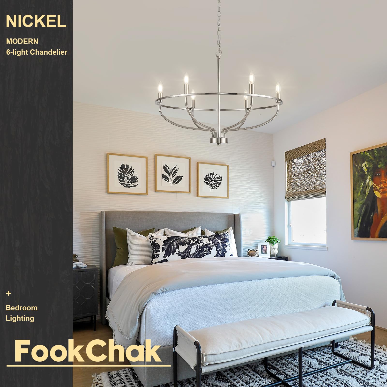 Fookchak Brushed Nickel Chandelier, 6-Light Dining Room Chandelier Chrome Light Fixture Metal Candle Kitchen Chandeliers 28Inch Round Chandeliers With Long Chain For Bedroom Living Room