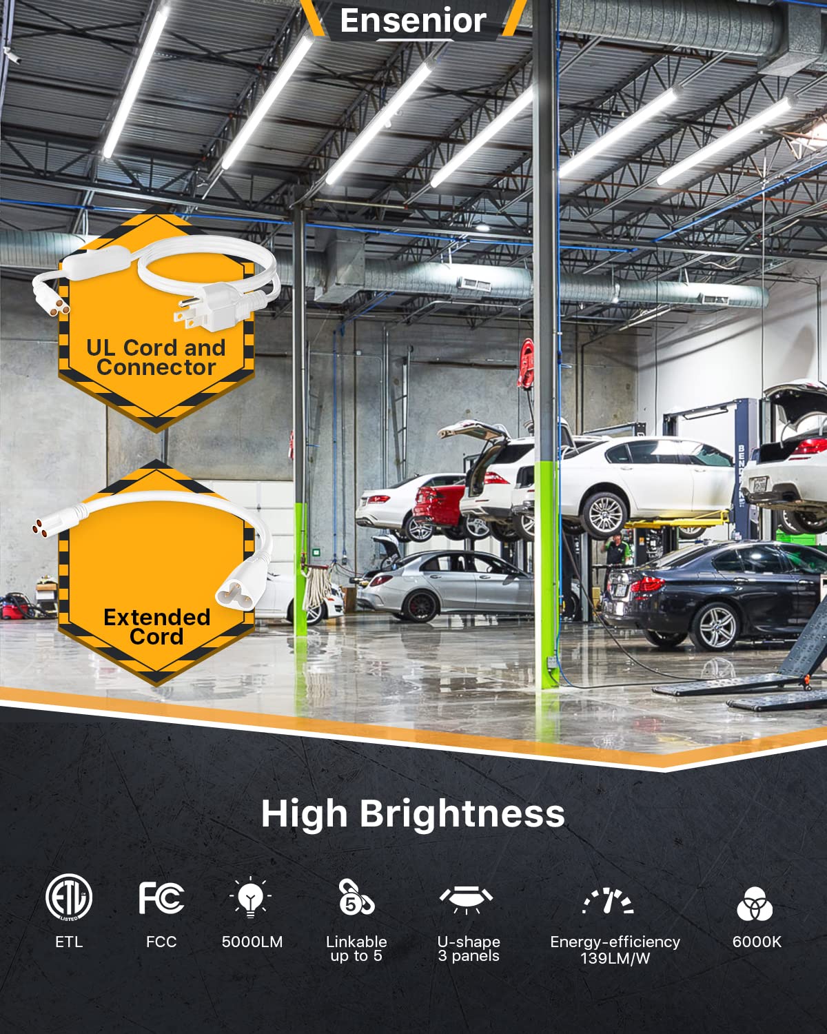 Ensenior 4FT LED Shop Lights, 6000K Clear White, 5000LM, U-Shaped Linkable, Model T8-4F-60K-06-WH