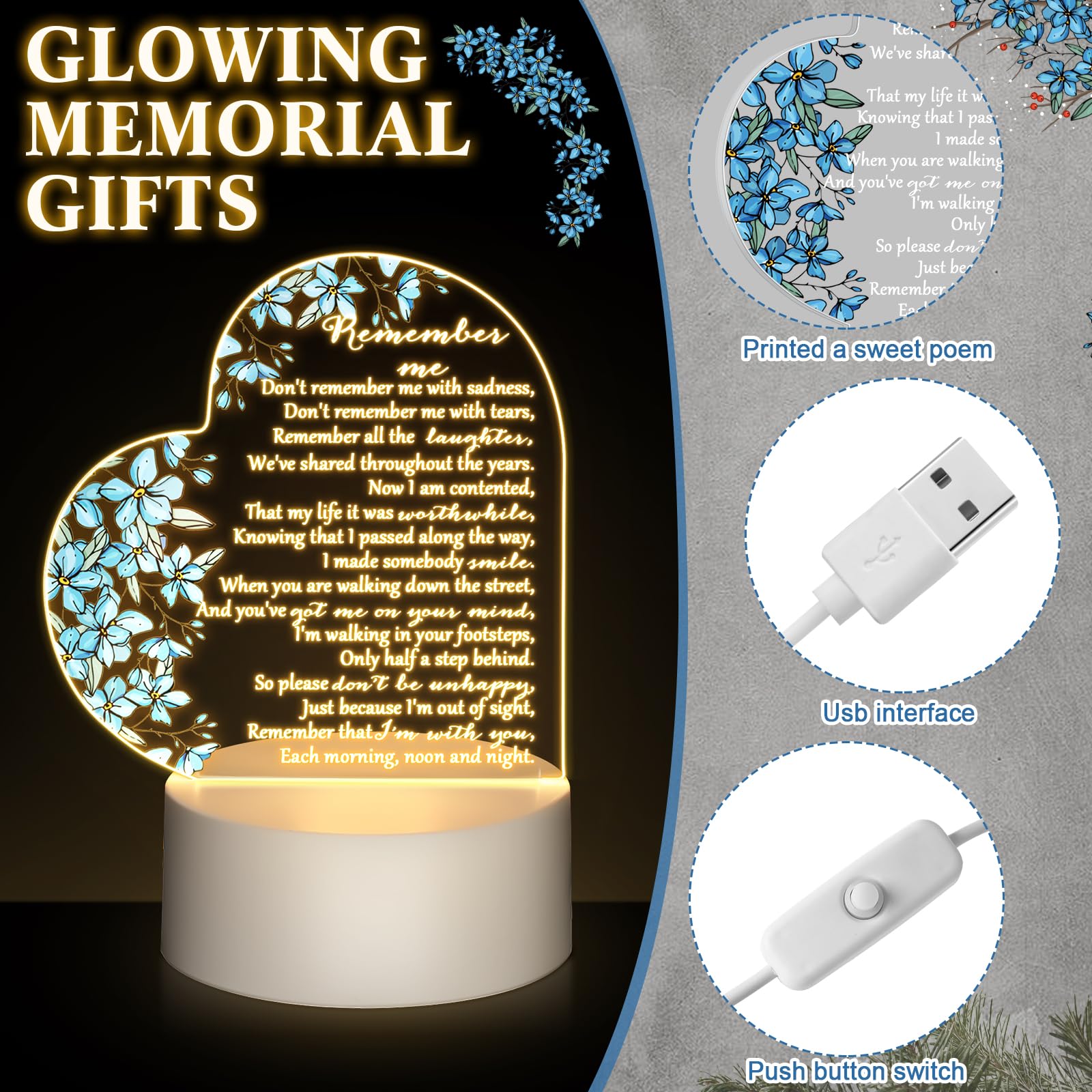 Coume Memorial Gift Night Light Clear Crystal Acrylic Heart Sympathy Gifts Sign Led Light Remembrance Bereavement Gift Decor Con