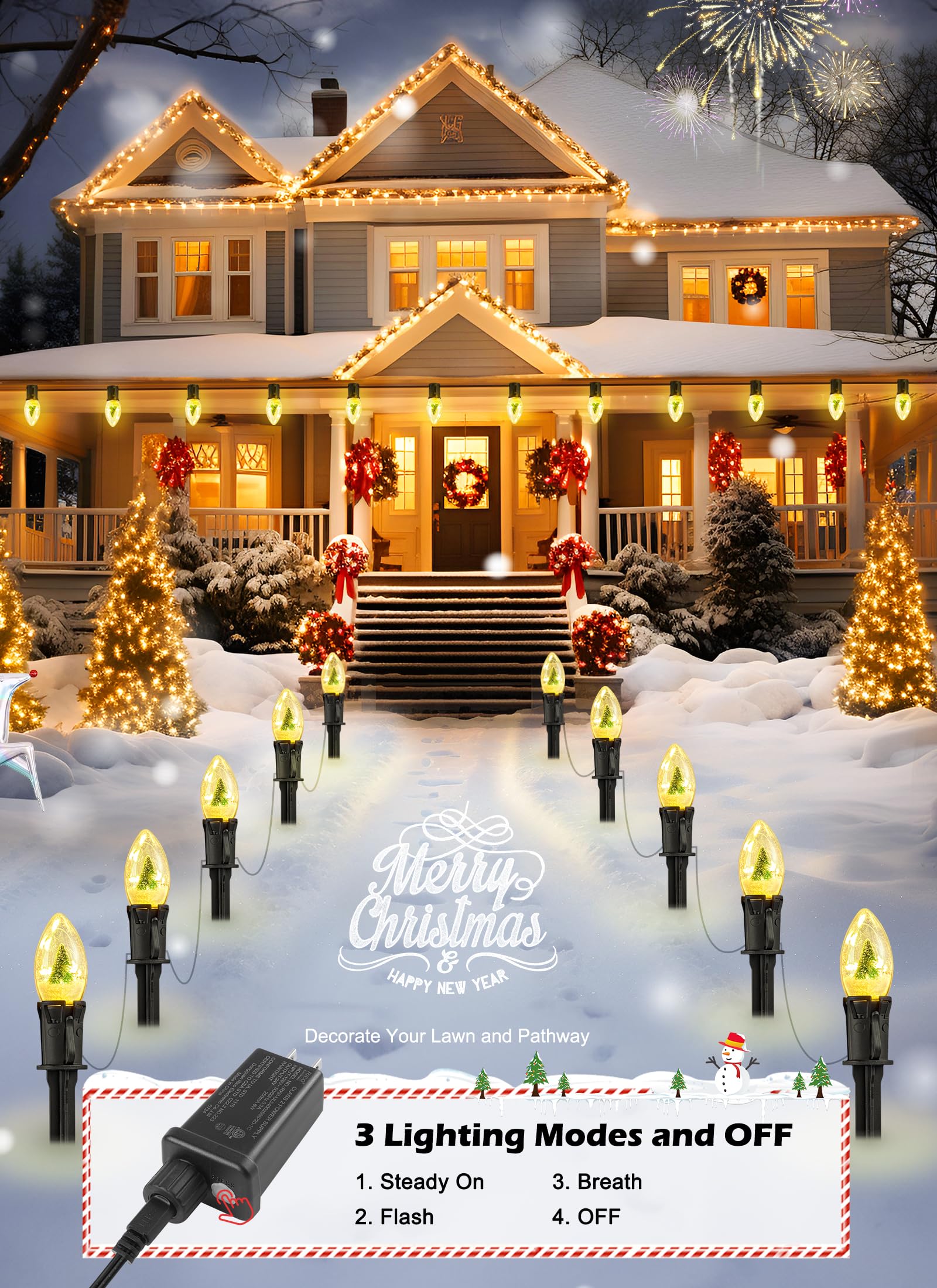 Brightown C9 Christmas Pathway Lights, 45Ft, 40 LED, Warm White, Waterproof, 4 Light Modes, Model GYPC-O25LAU