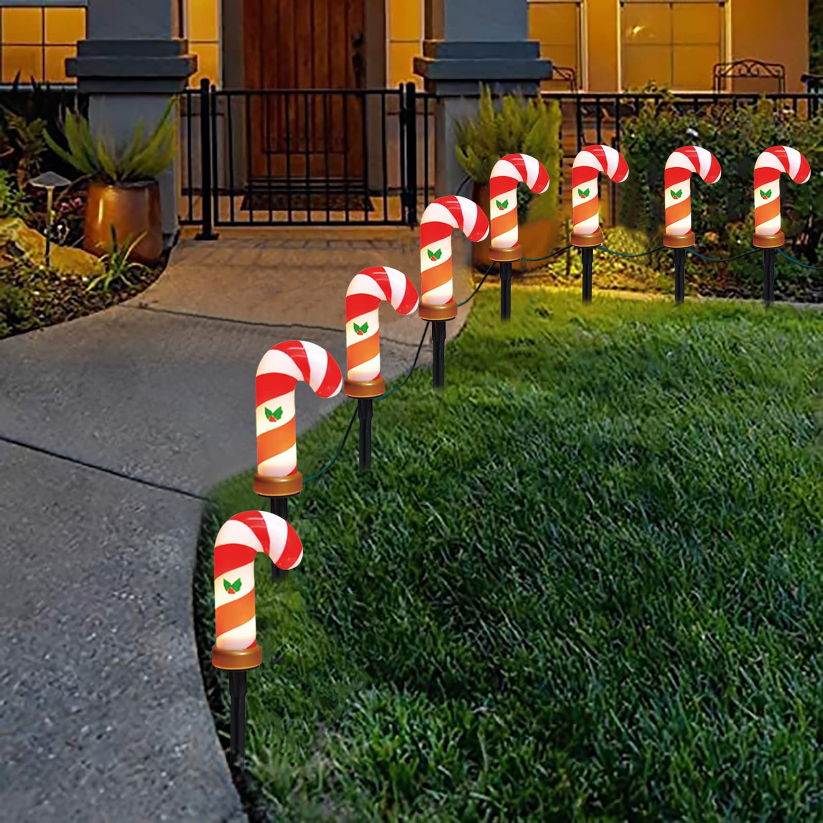 GOOTHY Christmas Candy Cane Pathway Lights, 14FT Outdoor String Lights, 8 Candy Cane Markers, C7 Plastic, Plug-in Decor