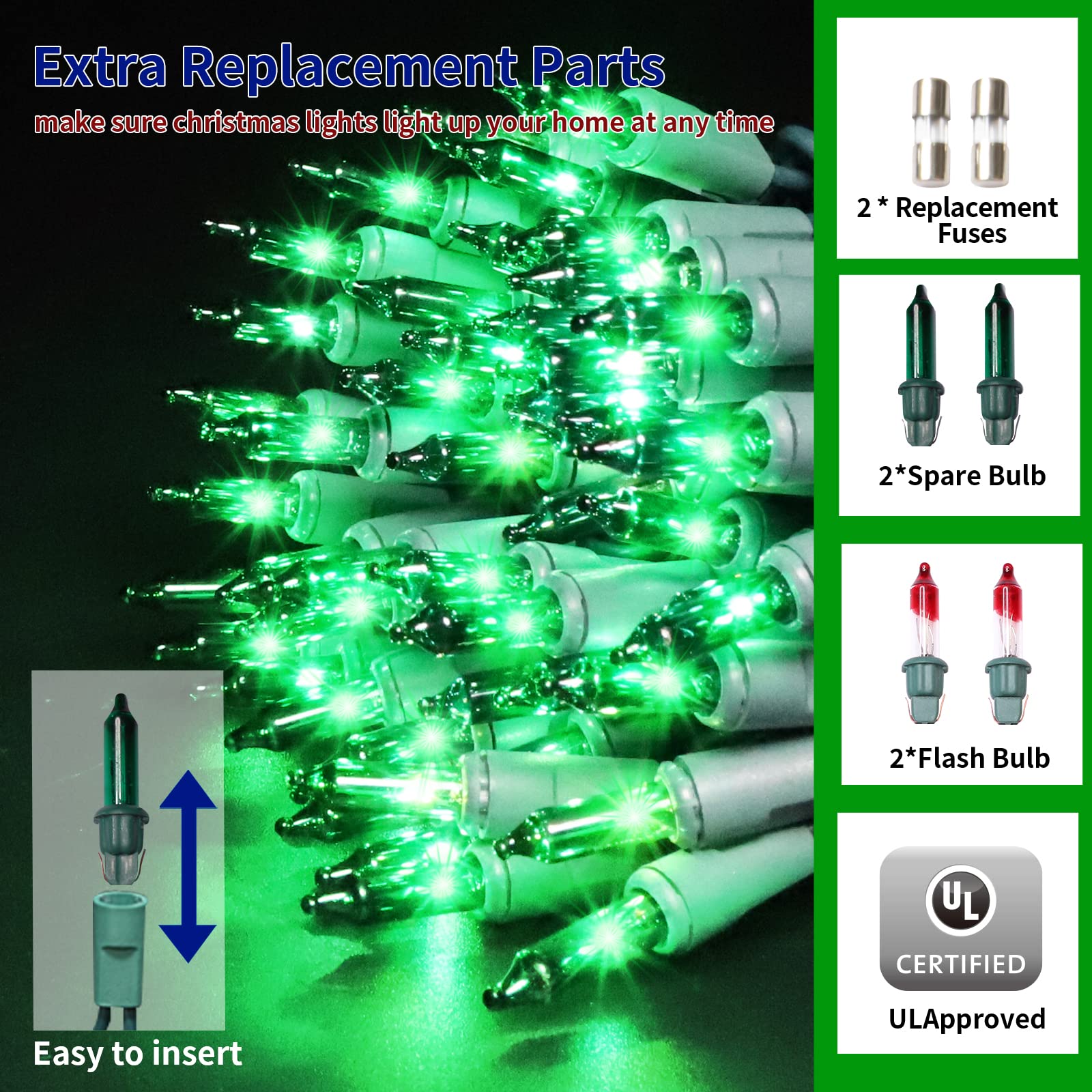 Twinglehome Ultra-Bright Connects End To End Green Christmas Mini Lights 100L 19.6Ft Ul Listed Incandescent Bulb String Light Set For Indoor Outdoor Holiday Garden Party Christmas Tree Garland Decor
