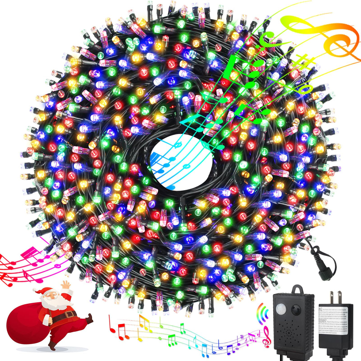 Music Motion Sensor Christmas String Lights 105Ft 300 Led,Multicolour Christmas Tree Lights,End To End Plug In 6 Modes Decorativ