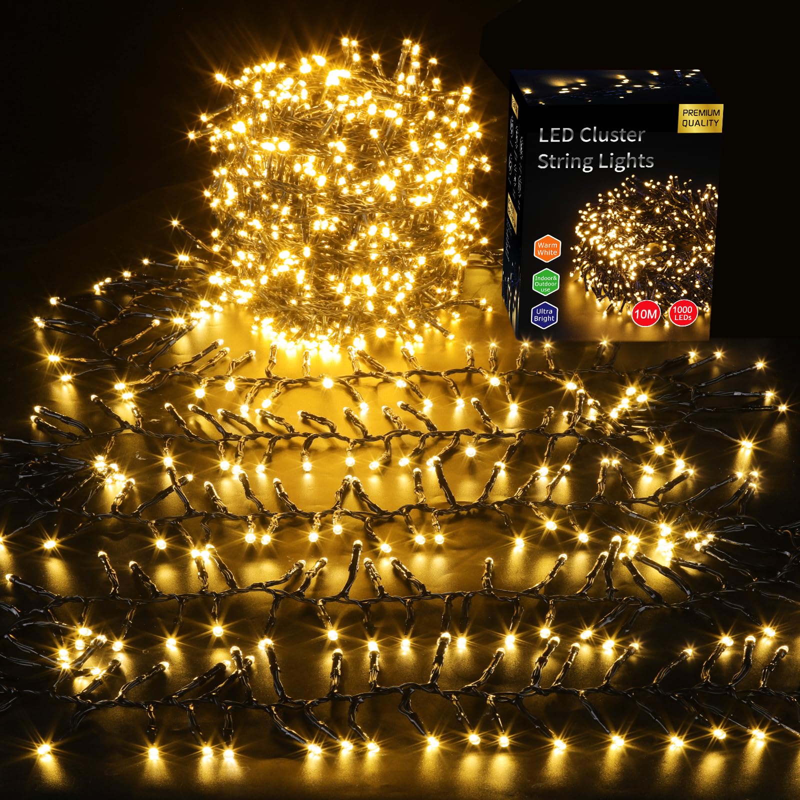 Areker Christmas Cluster Lights 1000Led Warm White Christmas Tree Lights 33Ft 8 Modes&Memory Function With Dark Wire  Waterproof Christmas String Lights Outdoor Indoor Garden Wedding