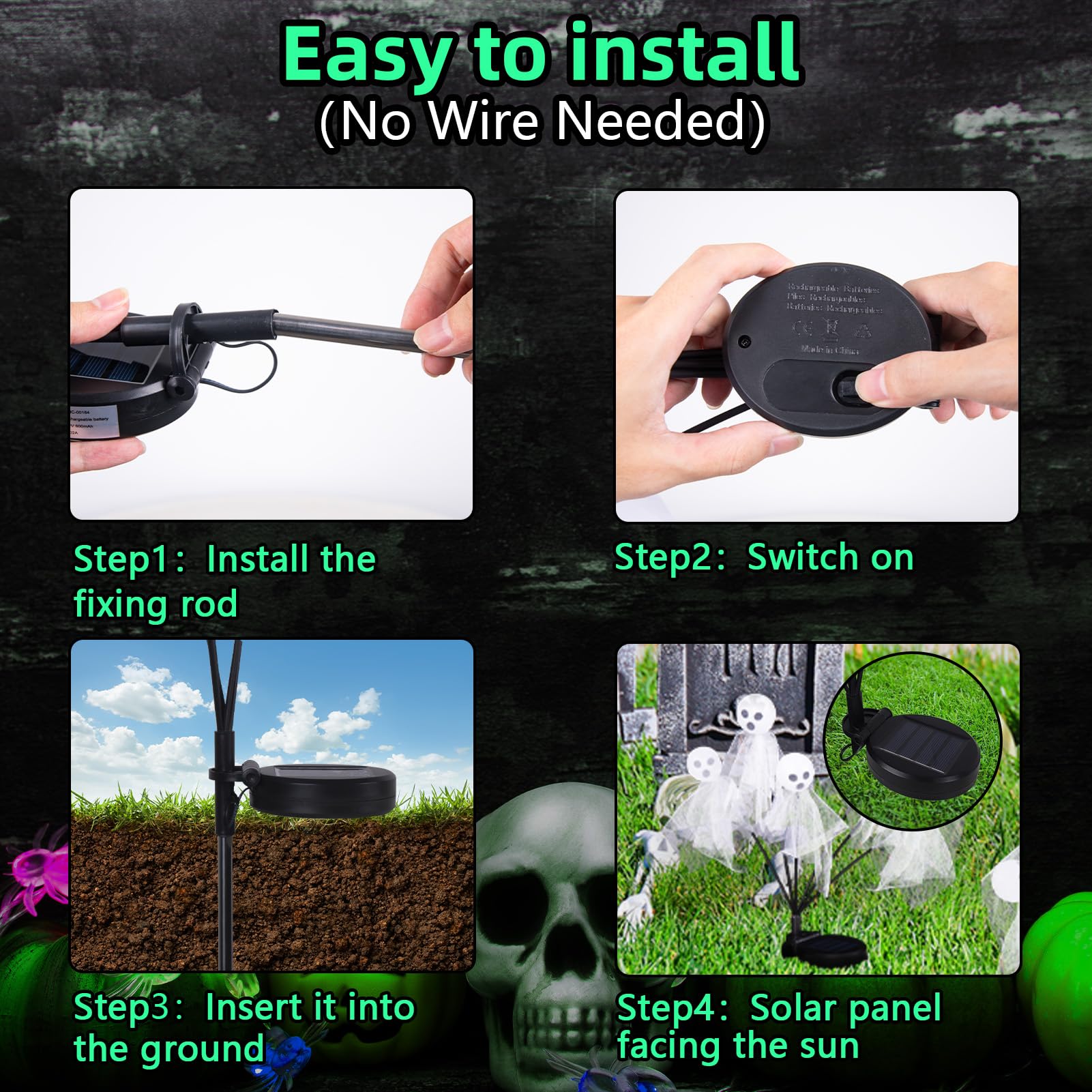 MAOYUE Halloween Decorations 4Pcs Solar LED Ghost Lights Waterproof Green