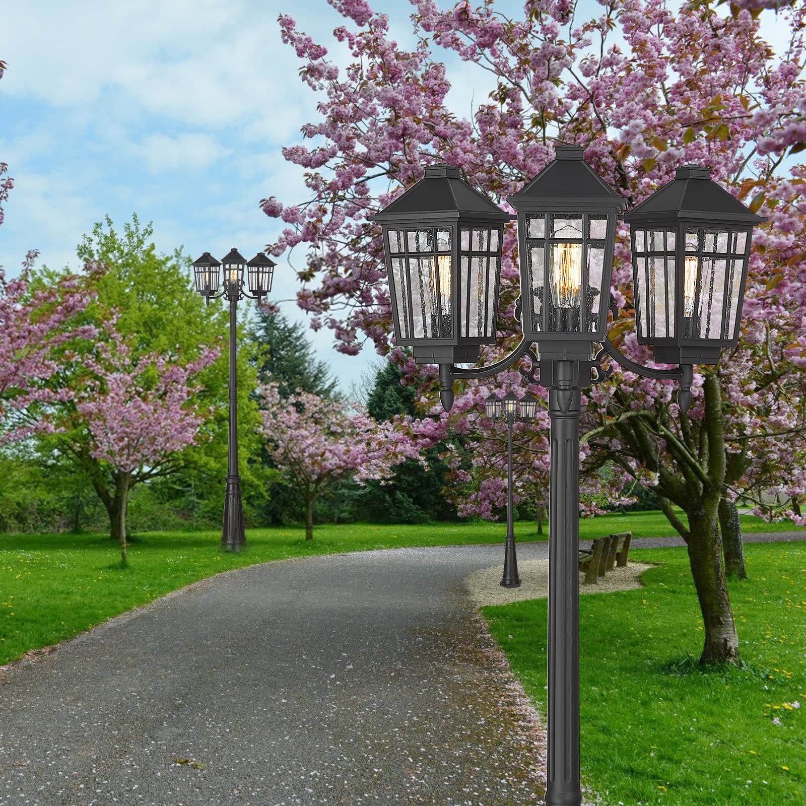 Darkaway Outdoor Post Light 3-Head Outdoor Street Light Pole Lamp Posts Road Lighting Waterproof Aluminum With Glass Outside Lighting Fixture For Backyard Garden Patio Pathway