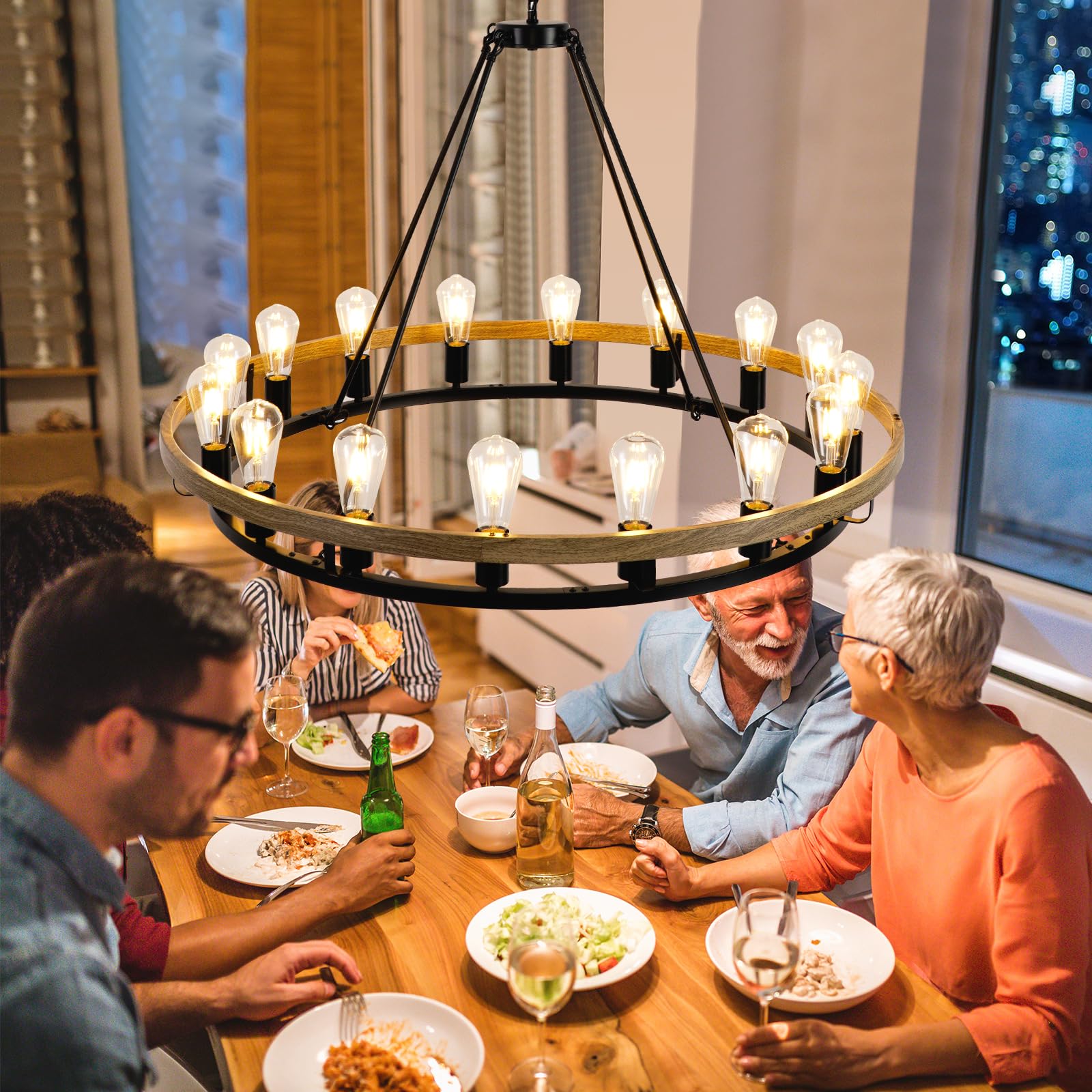WOGON WEEL 16-Light Wagon Wheel Chandelier, 39-Inch Rustic Farmhouse, Black & Oak Wood Finish, Model chelun019