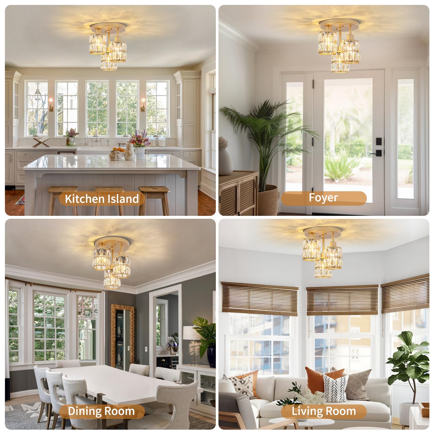 Puzhi Home Elegant Crystal Semi Flush Mount Ceiling Light, Modern 3-Light Chandelier For Dining, Kitchen, Living & Bedroom - Gol