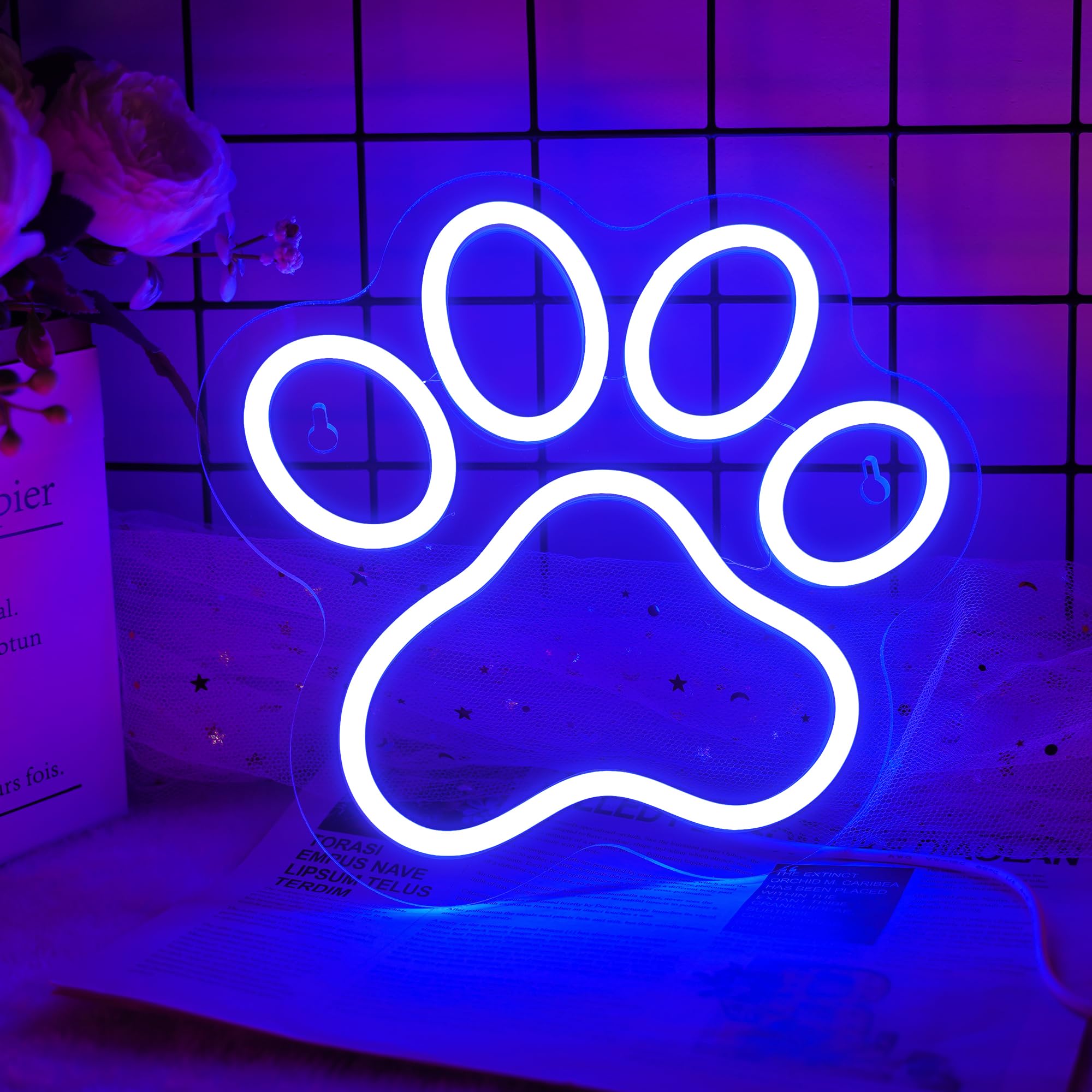Aslanka Paw Neon Sign, Dimmable LED Light for Wall Decor, 9.84x9.25 inches, Blue