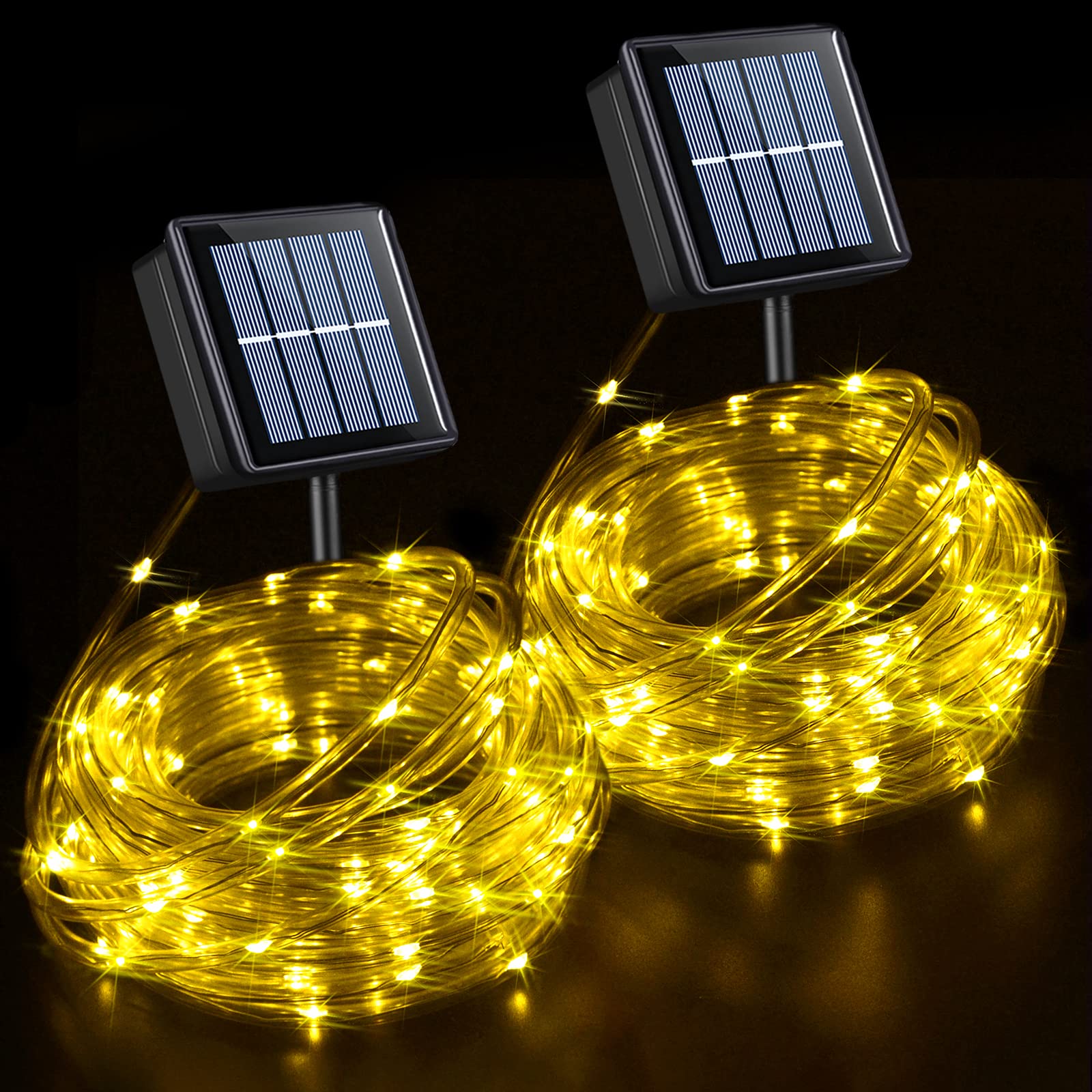 YEGUO 2 Packs Each 33ft 100 LED Solar Rope Lights Outdoor Waterproof, Warm White String Lights for Outside, 8 Modes Fairy Lights