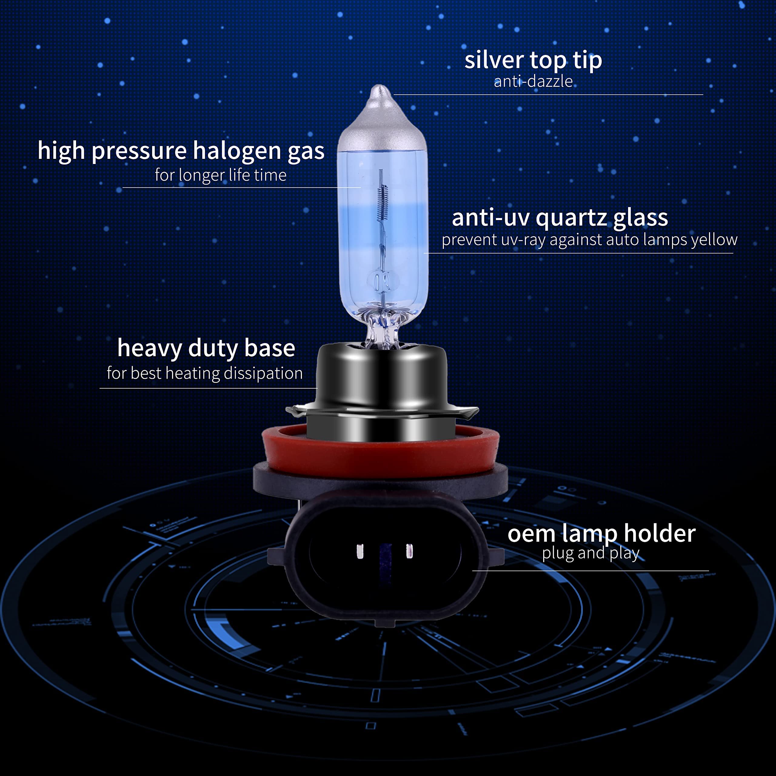 Newbrown H11 Headlight Bulb H11 Halogen Bulb 5000K Super White Light Long Life Replacement Pgj19-2 12V/55W (H11, 4 Pack)