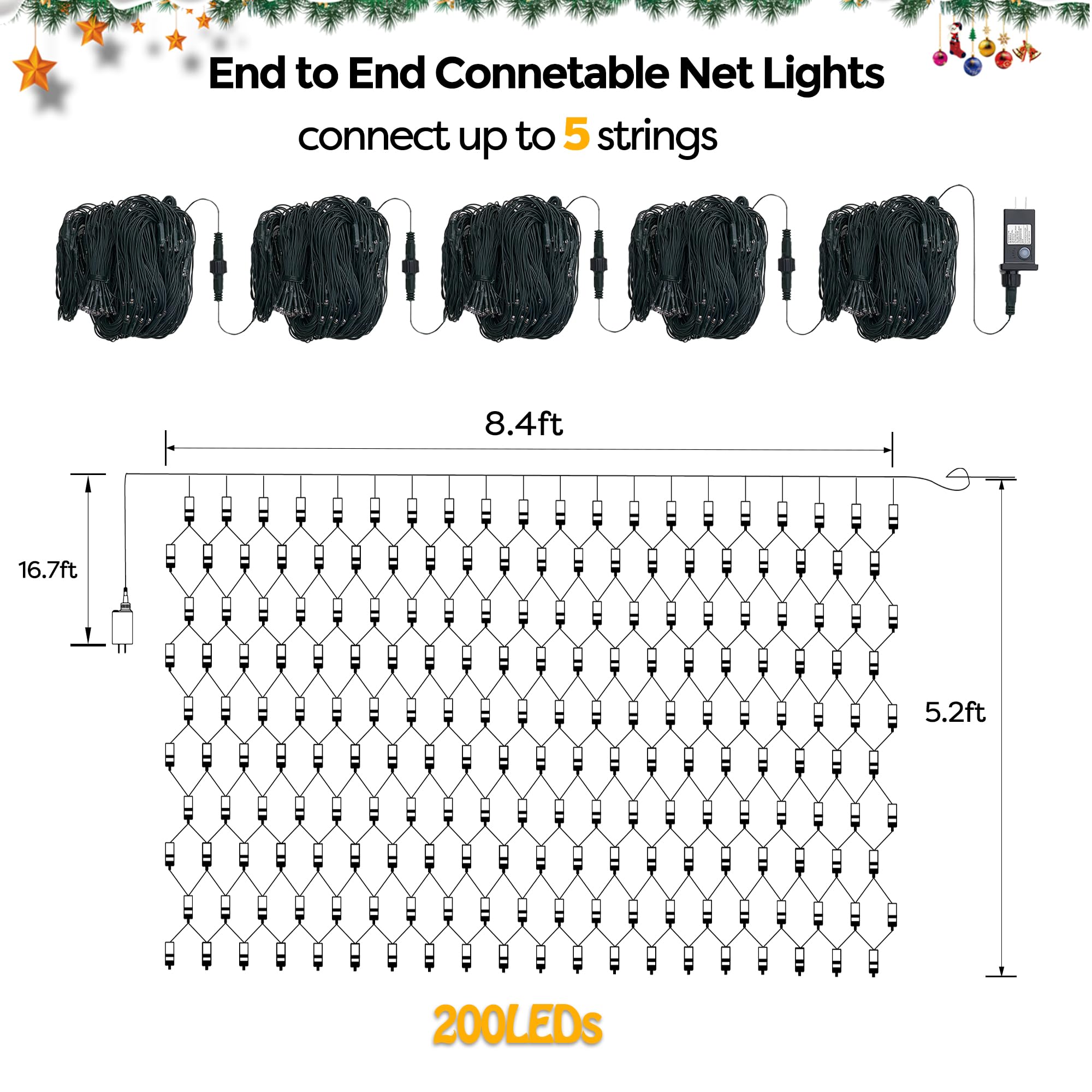 Wbao Christmas Net Lights, 200Led 8.4Ft X 5.2Ft Christmas Lights With 8 Modes, Timer, End To End Connectable, Waterproof Led Net