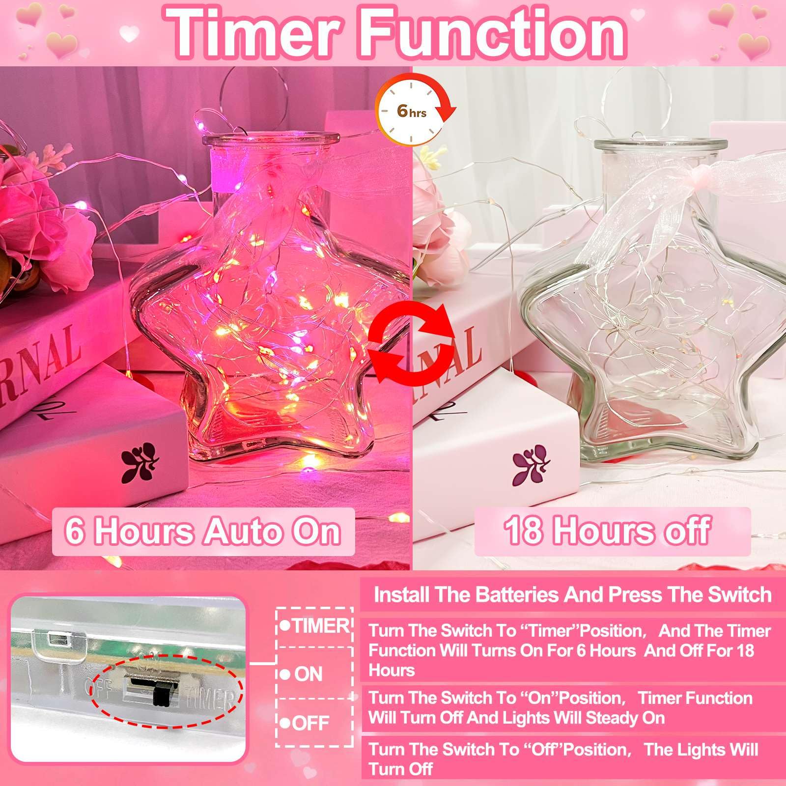 [Timer]3 Pack 3 Color -Pink Red White Valentines Fairy Lights Valentines Day Decorations, Battery Operated Copper Wire Valentine