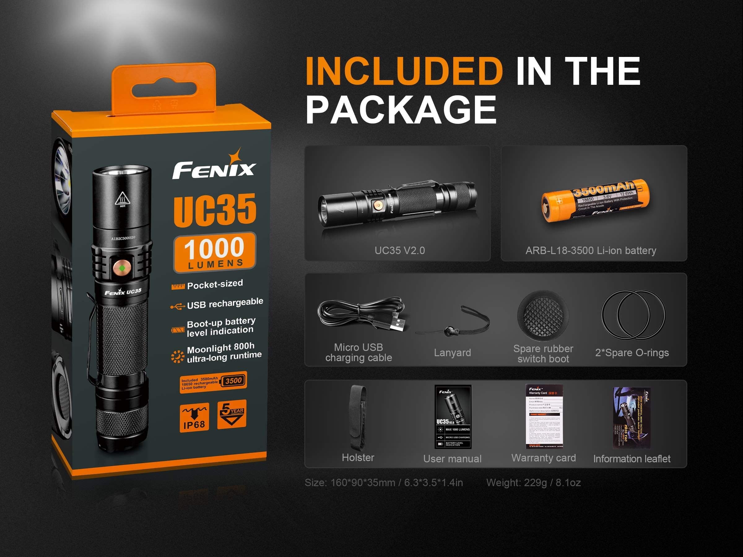 Fenix UC35 V2.0 Rechargeable Flashlight, Aluminum, Black, Model UC35V2BK