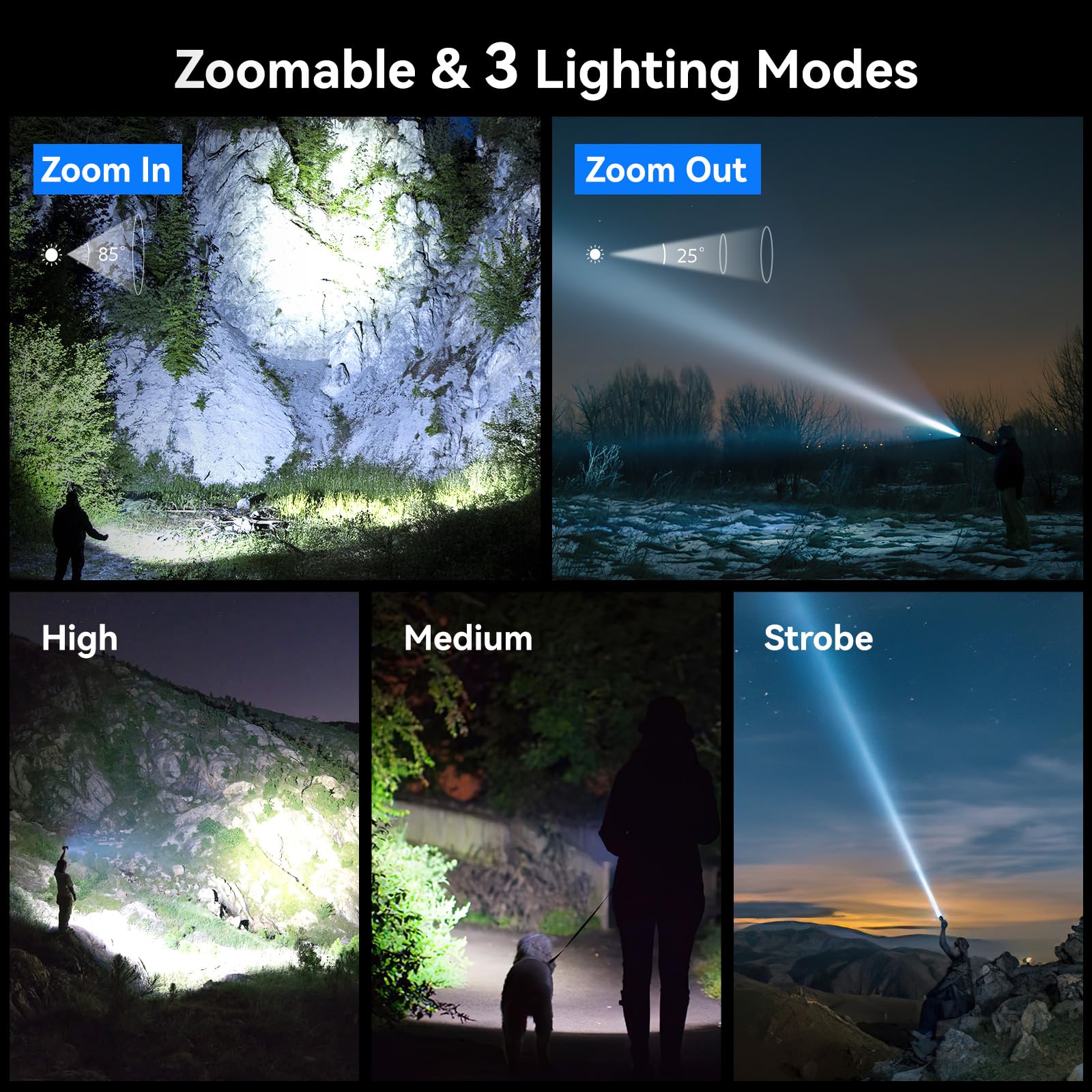 LETMY Rechargeable LED Flashlights, 2000 Lumens, 3 Modes, 2 Pack, Waterproof, Black