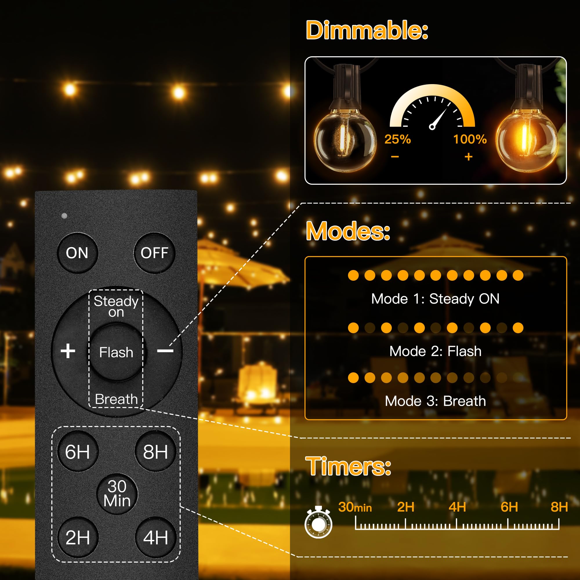 Ollny 35Ft Solar Patio Lights, Waterproof Remote Control Dimmable Timers 3Modes Outdoor Light With 15 Led + 1 Spare Shatterproof