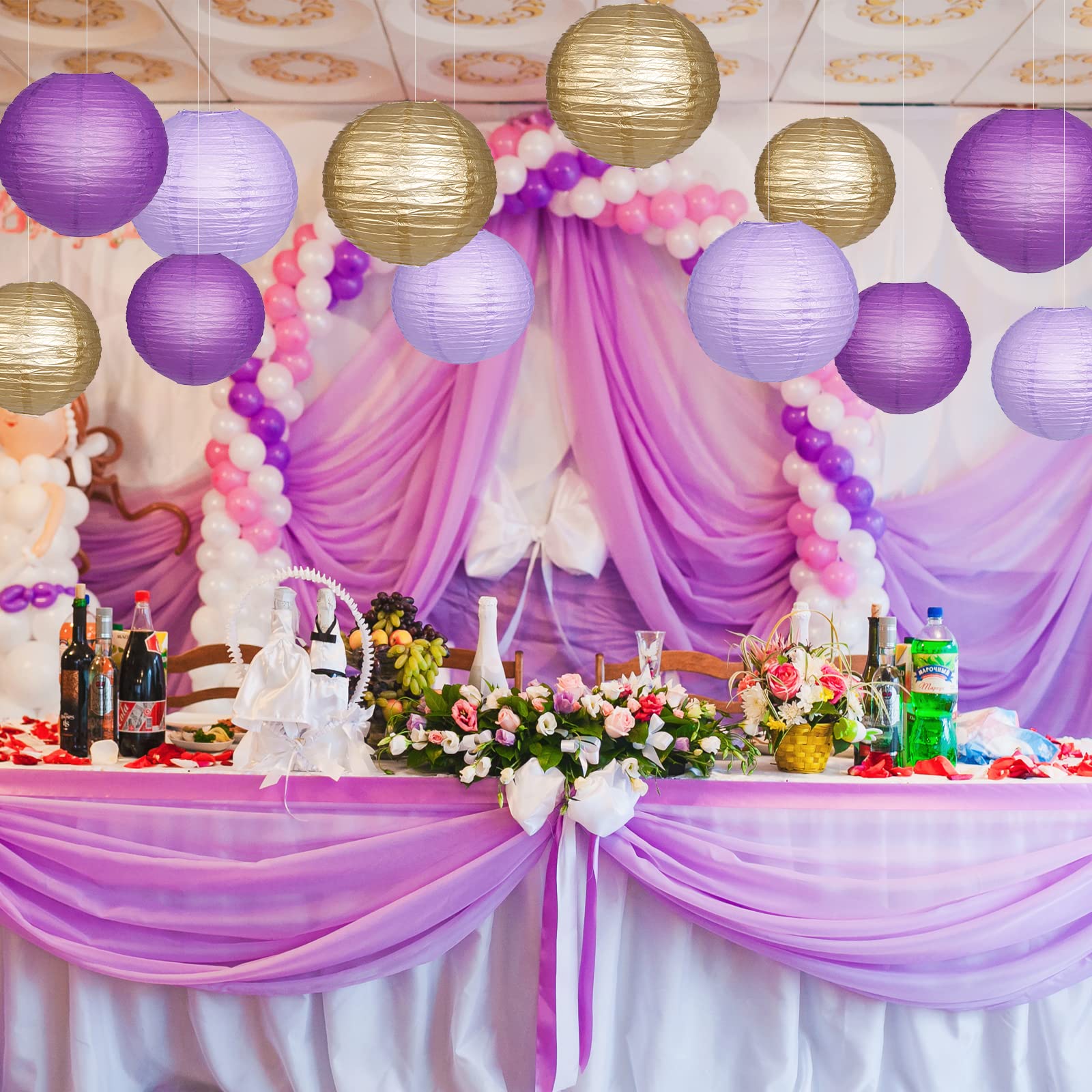 Yunxuan Paper Lanterns Decorative, Purple Lavender Gold Hanging Round Chinese Lanterns With Lights For Graduation Bachelorette T