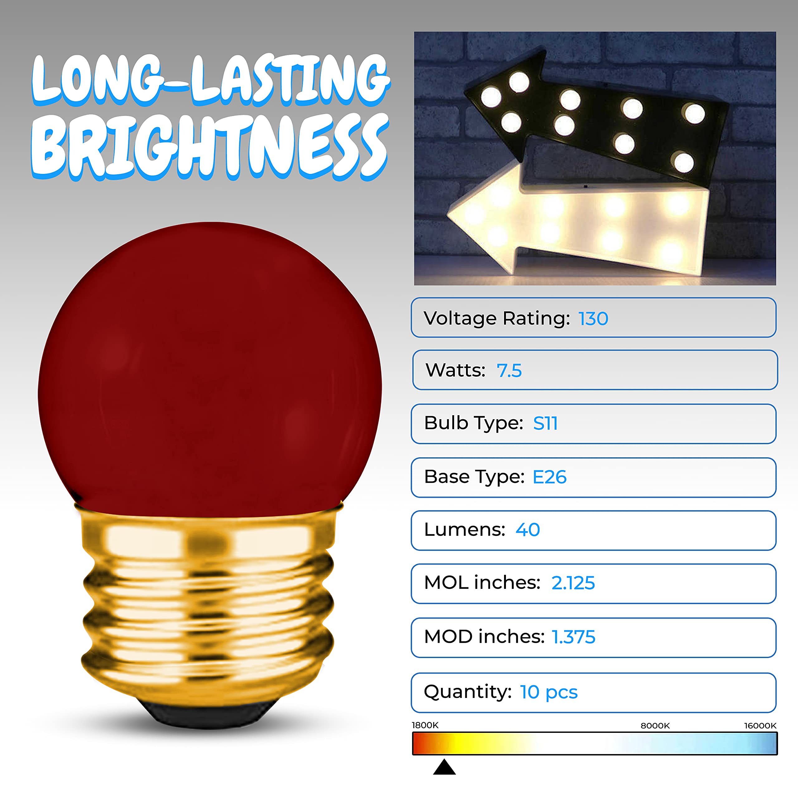 Ohlectric 10 Pack - S11 Ceramic Red Night Light Bulbs | Dimmable | 7.5W Incandescent Light Bulb With E26 Medium Base | 40 Lumens