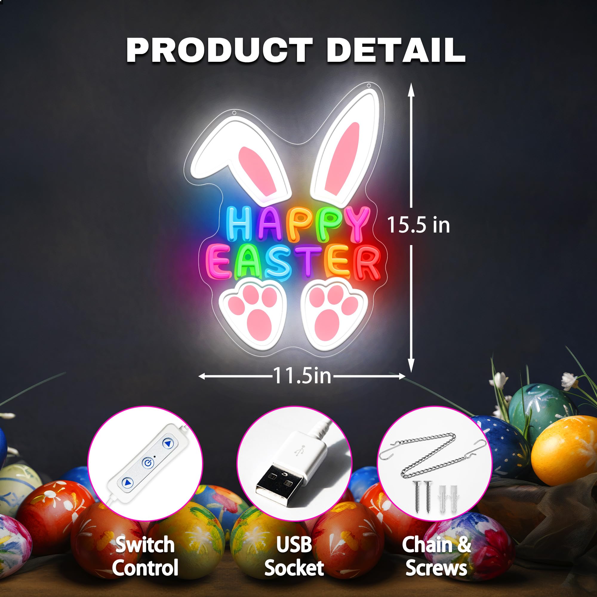 SELICOR Happy Easter Neon Sign,LED Bunny Egg Wall Decor, USB Dimmable Easter Party Decor for Easter Morning Surprises, Church Ev