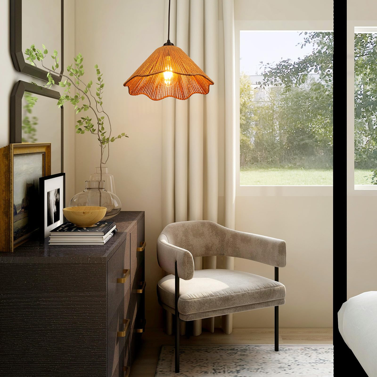 Tebio Plug In Pendant Light, Rattan Hanging Lights With Plug In Cord 13Ft Hemp Black Cord, On/Off Switch Chandelier For Boho Liv