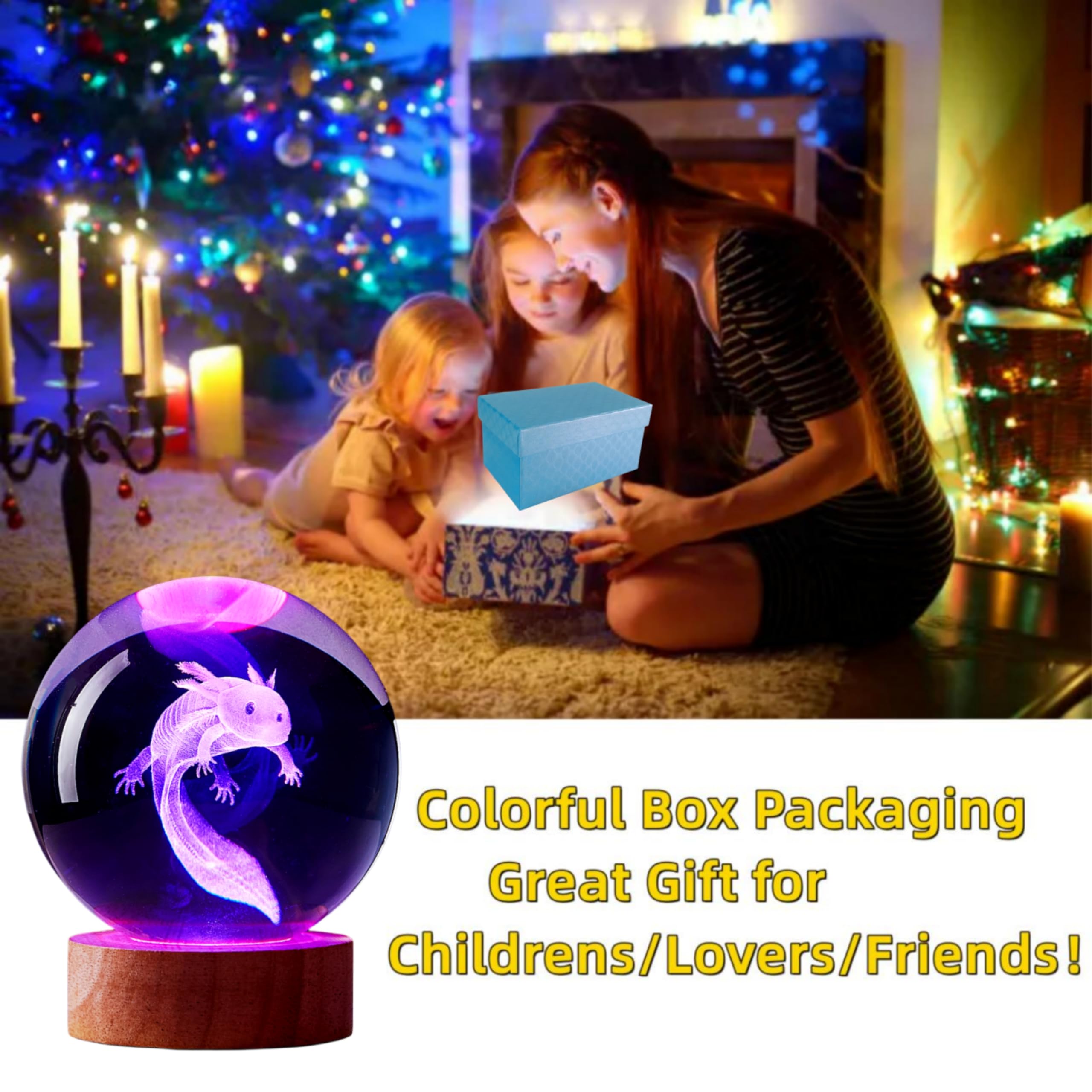 3D Axolotl Crystal Ball Lamp, Upgraded 3.15 Inch Crystal Ball Night Light With 16 Colors Led Wooden Base, Remote Control, Gift B