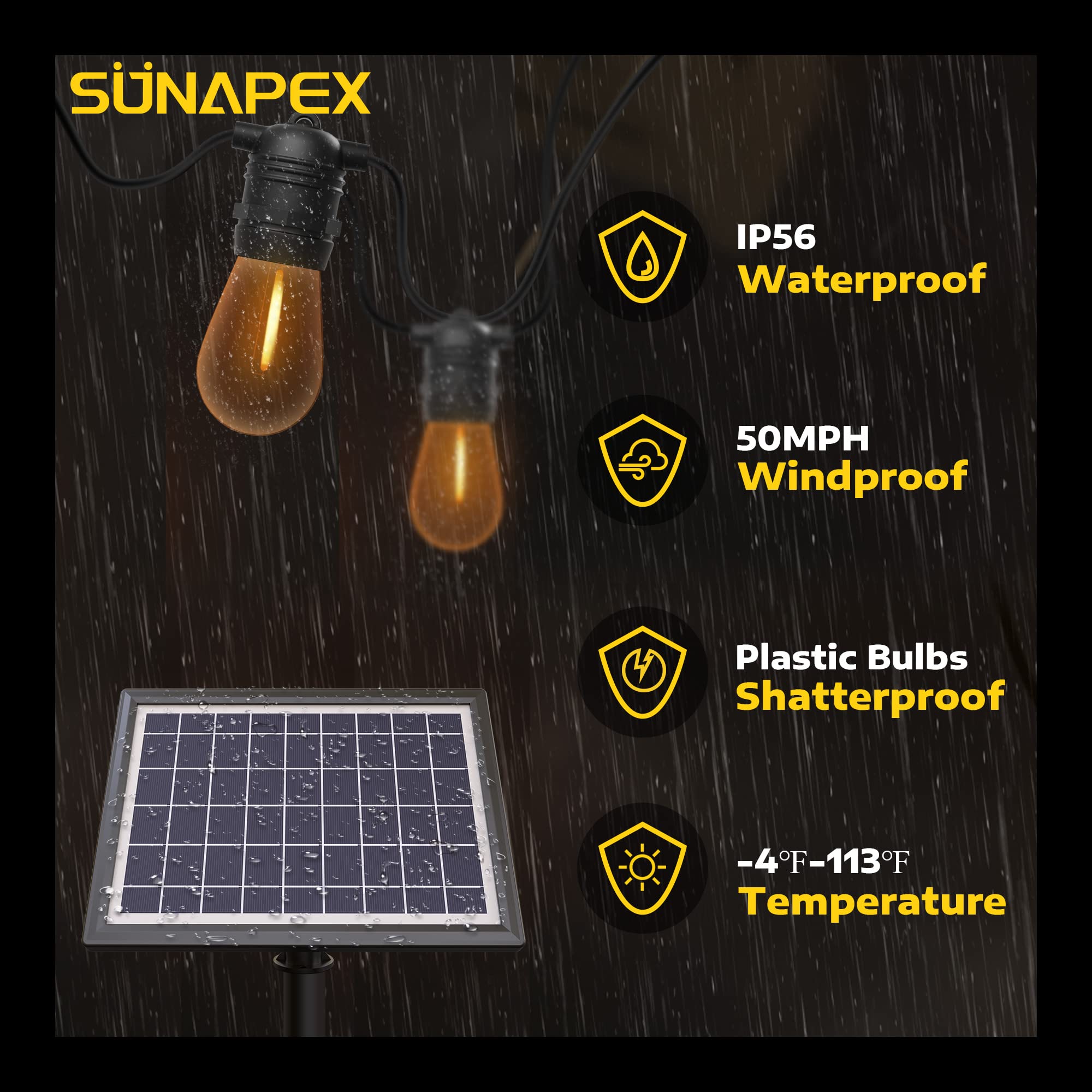 SUNAPEX Solar String Lights Outdoor Waterproof 48FT Shatterproof Edison Bulbs Yellow 2700k Rubber
