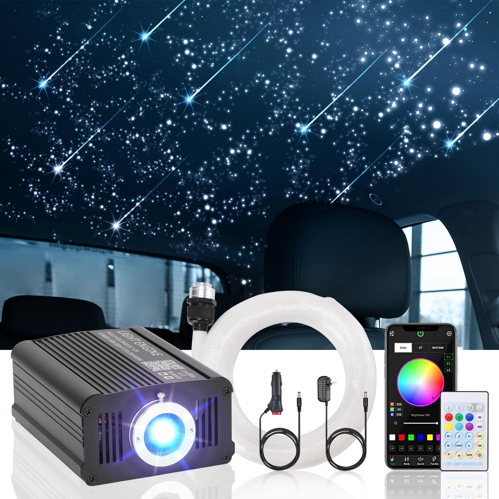 Meteor Twinkle Headliner Star Light Kit  550pcs*0.03in*9.8ft Ceiling Fiber Optic Lights with 100pcs Shooting Star Light Effect Music Mode RGBW Sound Activated for Car Roof Home Ceiling