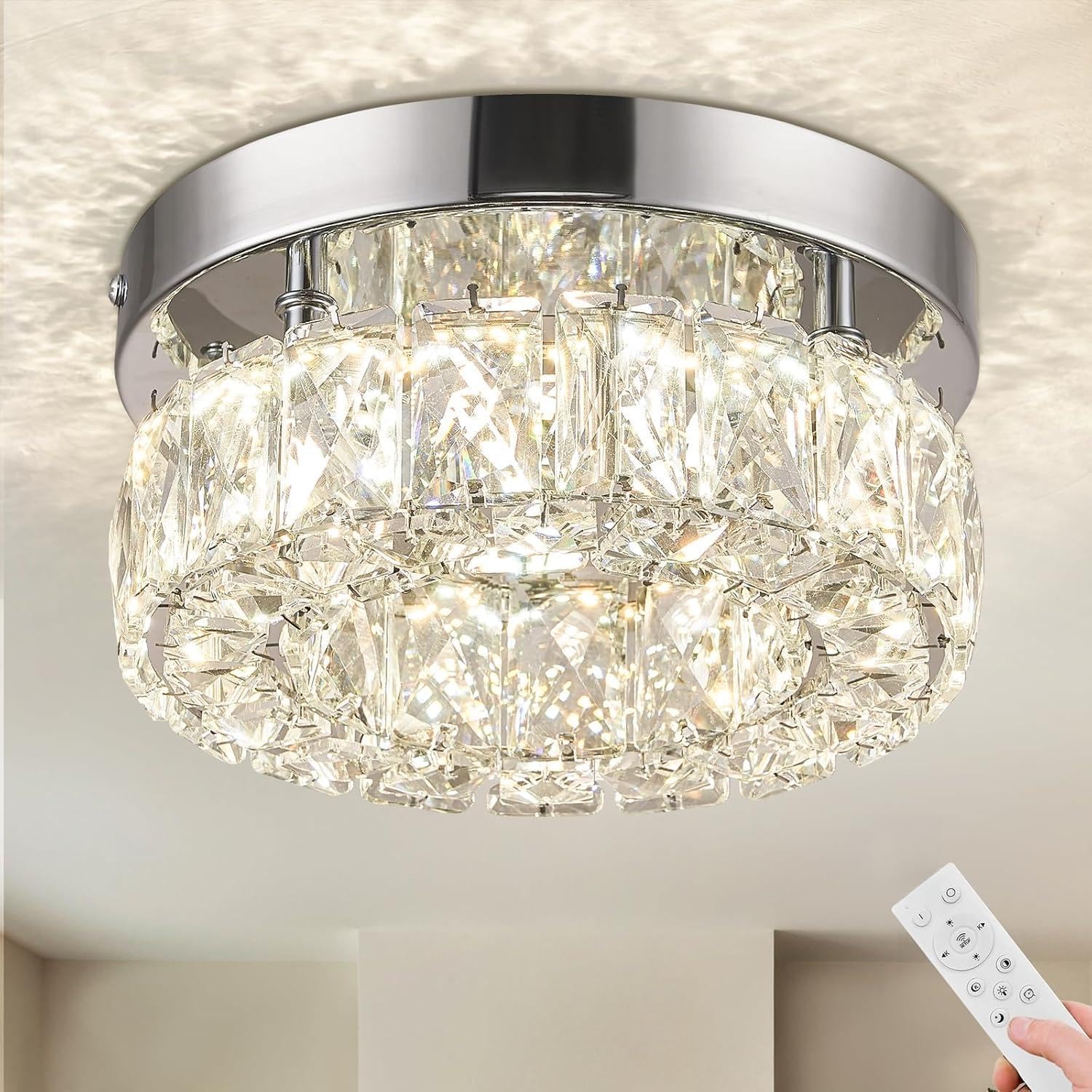 LEONTYNE 7.9 inch Dimmable Modern Crystal Chandeliers Mini LED Ceiling Light Fixtures Stainless Steel Flush Mount Ceiling Chande
