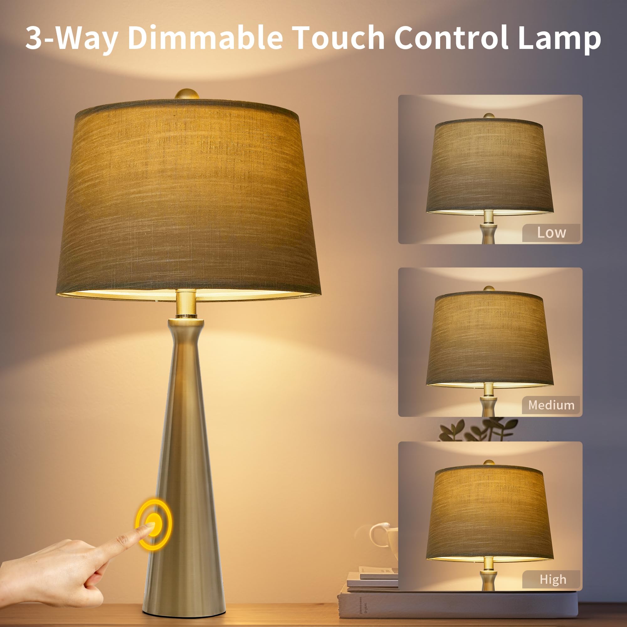 Oneach 25.8" Table Lamps Set of 2, Silver Touch Control, 3-Way Dimmable, Modern Fabric Shade for Living Room and Bedroom