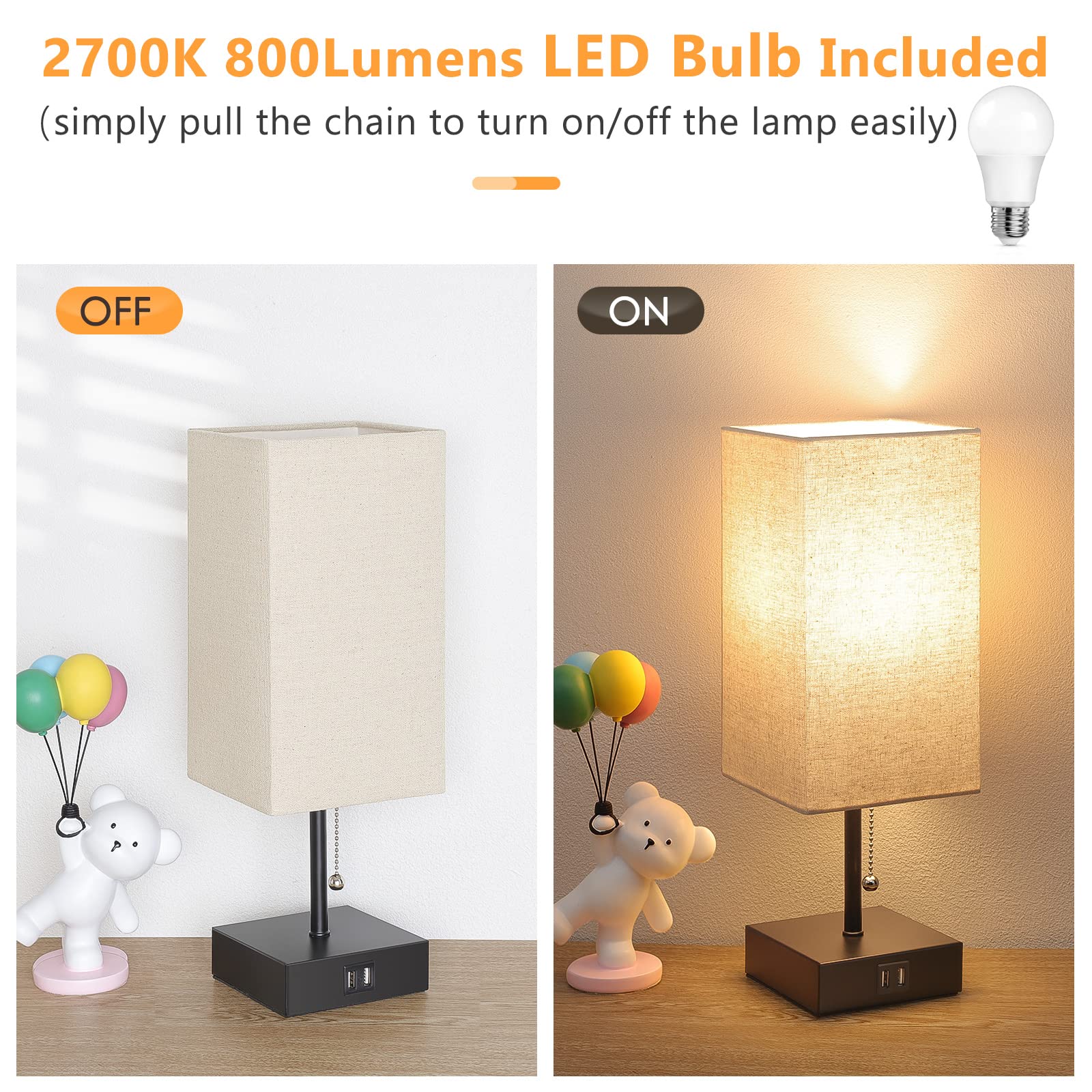 Ggoying Bedside Table Lamp, Pull Chain Table Lamp With 2 Usb Charging Ports, 2700K Led Bulb, Fabric Linen Lampshade, Nightstand