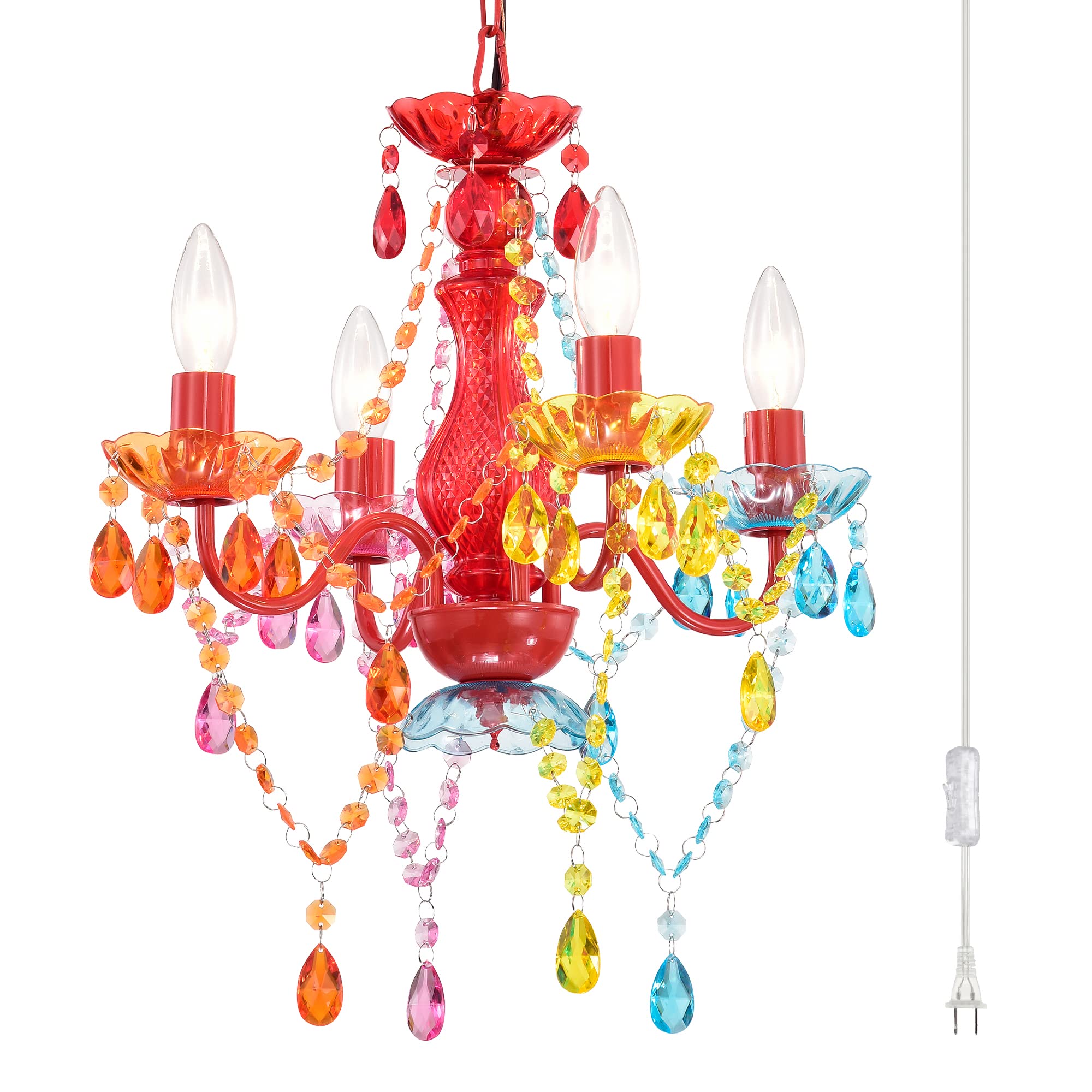 Alighting Plug in Chandelier Light Fixture, 4 Lights, Red, Model 19005M-4P, Acrylic Small Crystal for Bedrooms