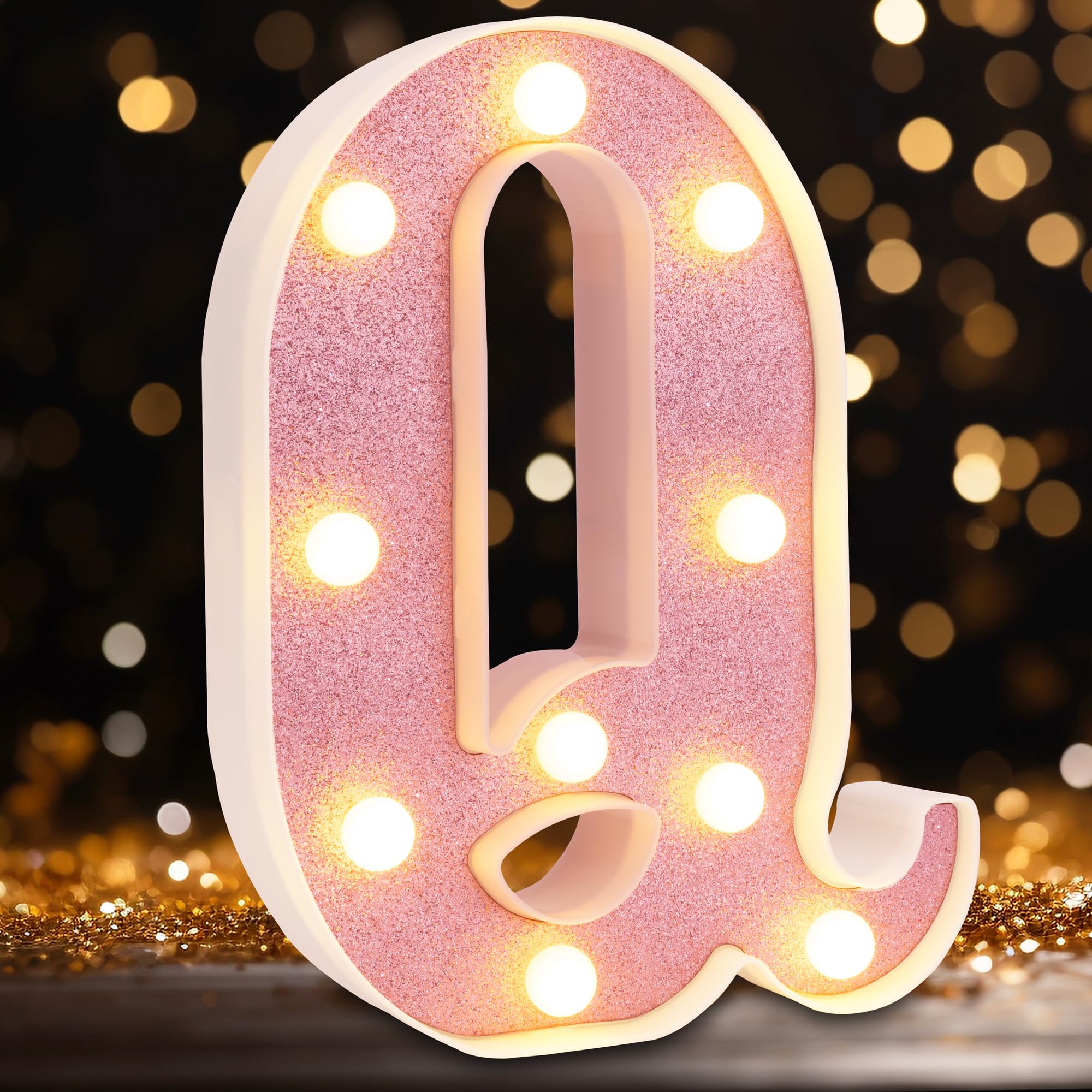 DyingSwan Small LED Marquee Letter Q, 8.58 Inch Lighted Sign, Pink Glitter, Battery Powered Plastic Decor for Party and Christmas