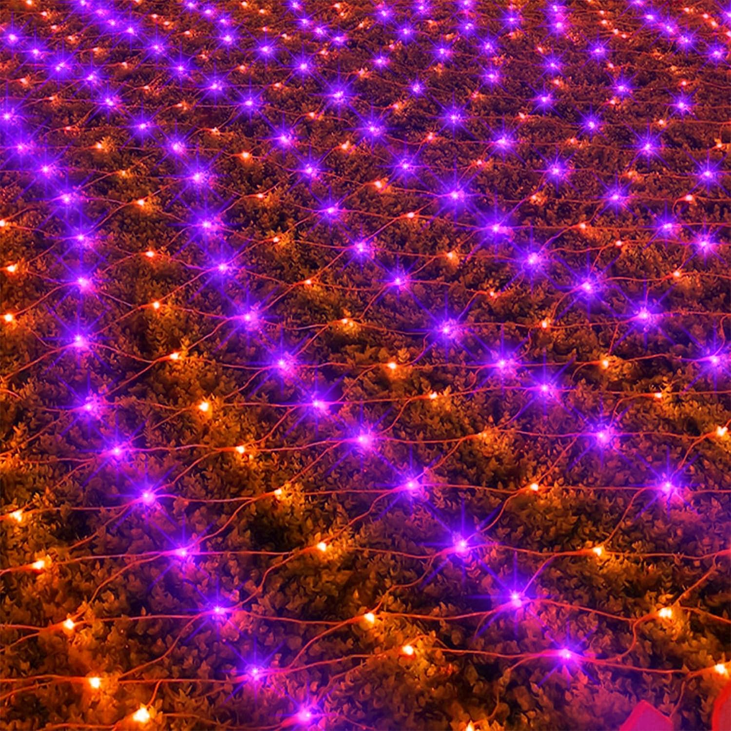 Ljlnion Halloween Net Lights, 360 Led 12Ft X 5Ft Connectable Mesh Fairy String Lights, 8 Modes Low Voltage Safe Adaptor For Xmas Trees Bushes Wedding Outdoor Garden Yard Decorations, Orange & Purple