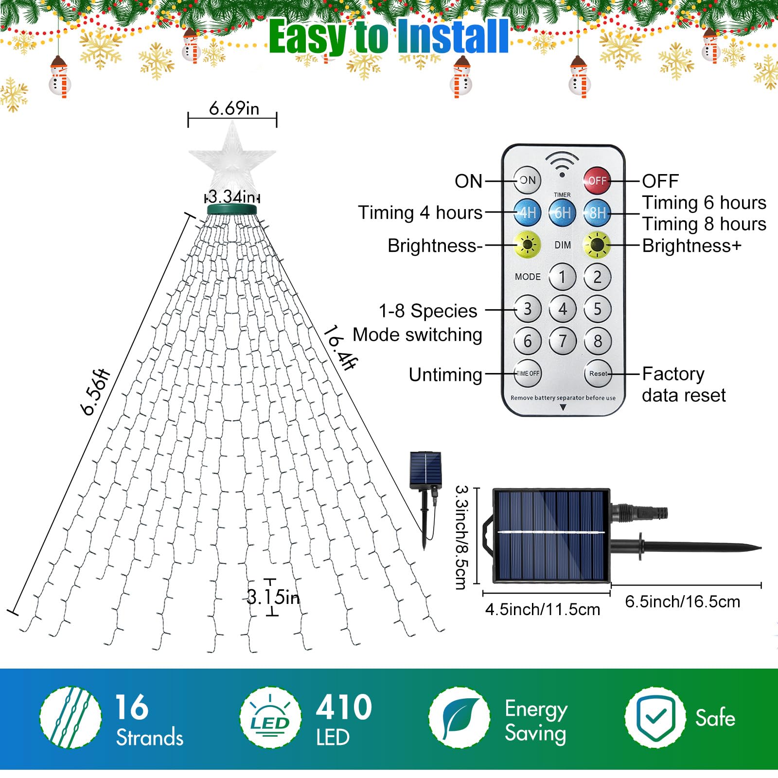AMIPEPE Solar Christmas Tree Lights with Star Topper, 410 LED 6.6FT x 16 Lines Christmas String Lights with 8 Models Timer Remot