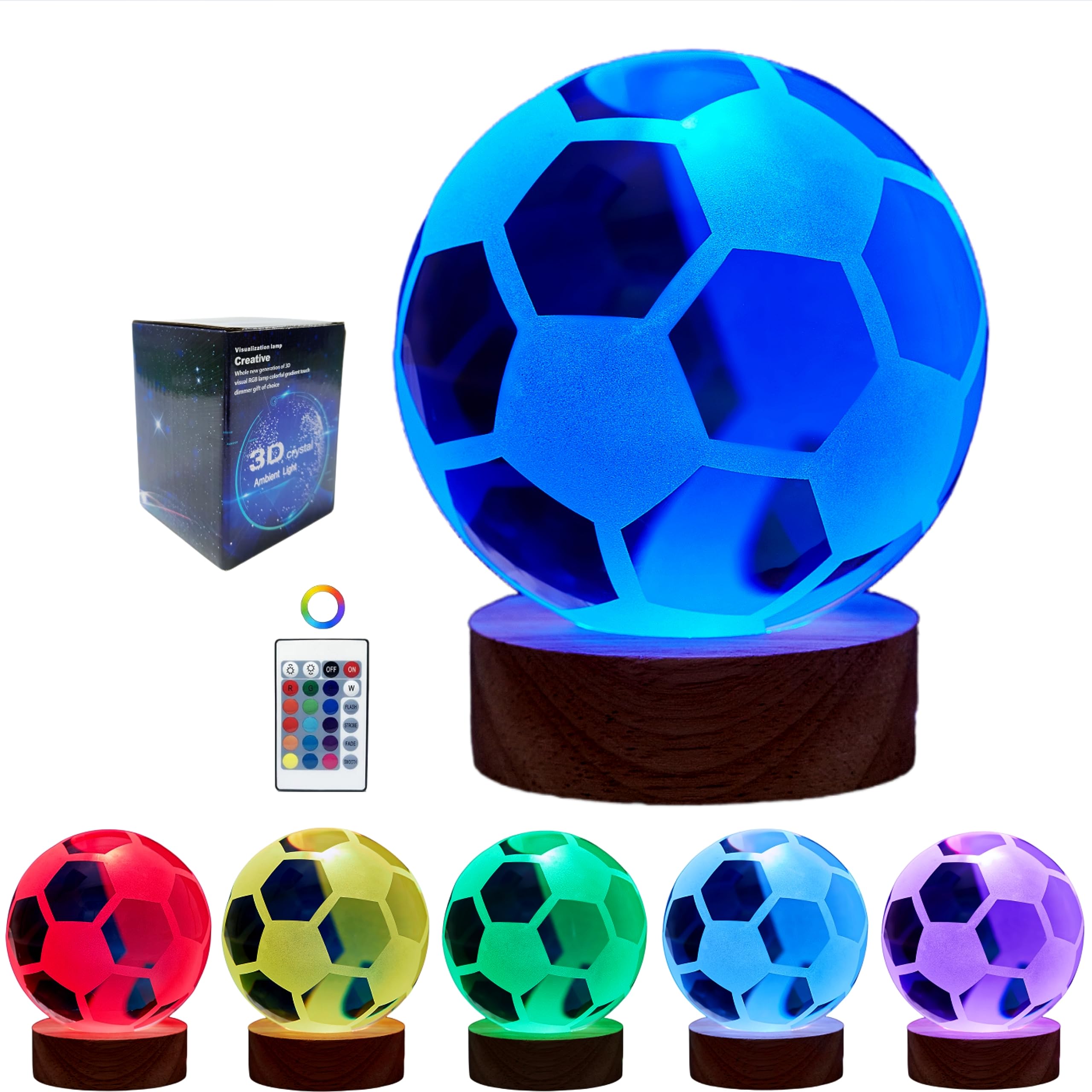 DIGFPWT Soccer Crystal Ball Lamp,3.15 inch 3D K9 Crystal Ball Night Light with Wooden Base,Soccer Lamp Gift for Soccer Fans,Foot